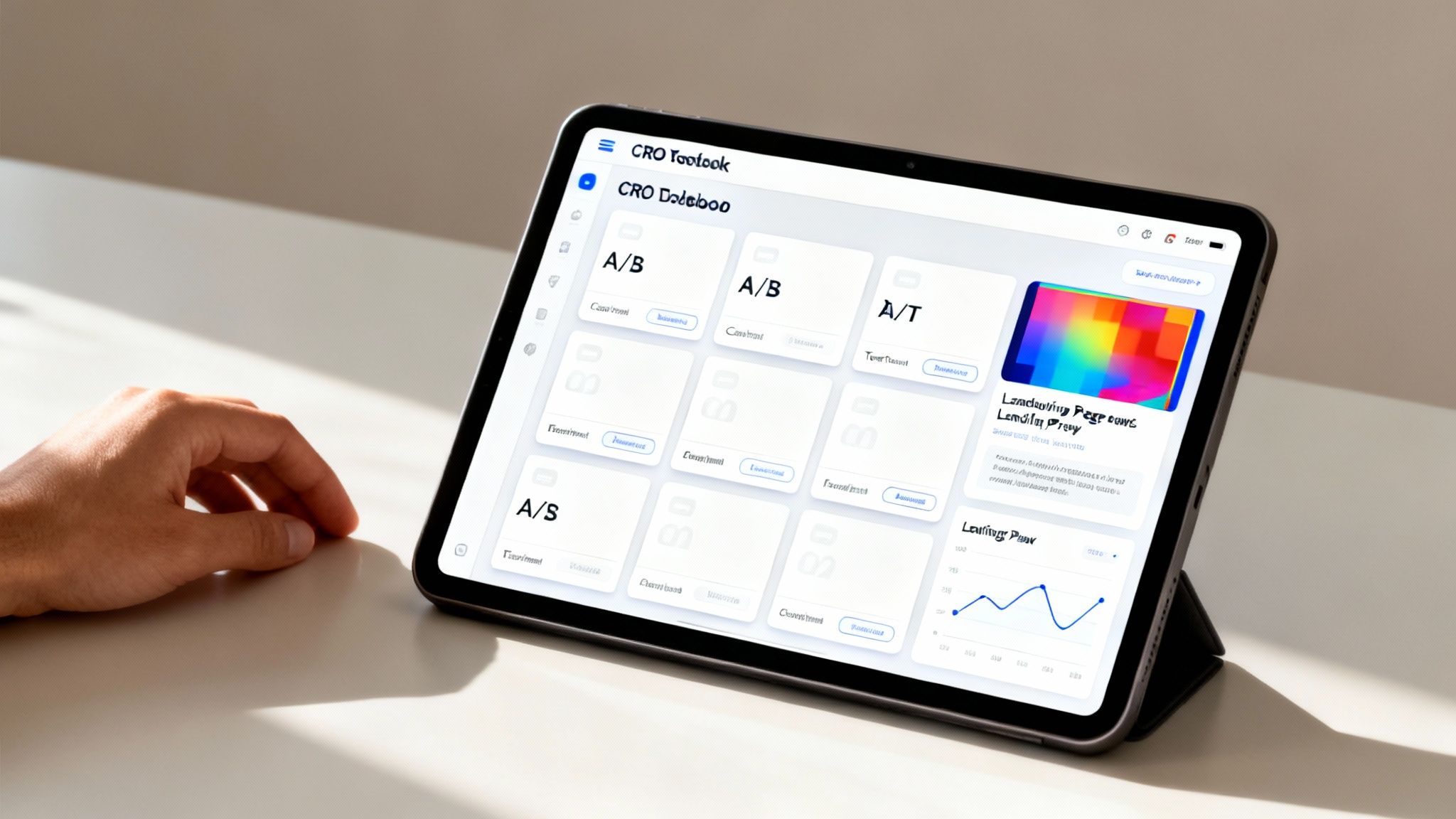Ein Tablet zeigt ein CRO (Conversion Rate Optimization) Software-Dashboard mit A/B-Testergebnissen und einem Diagramm.