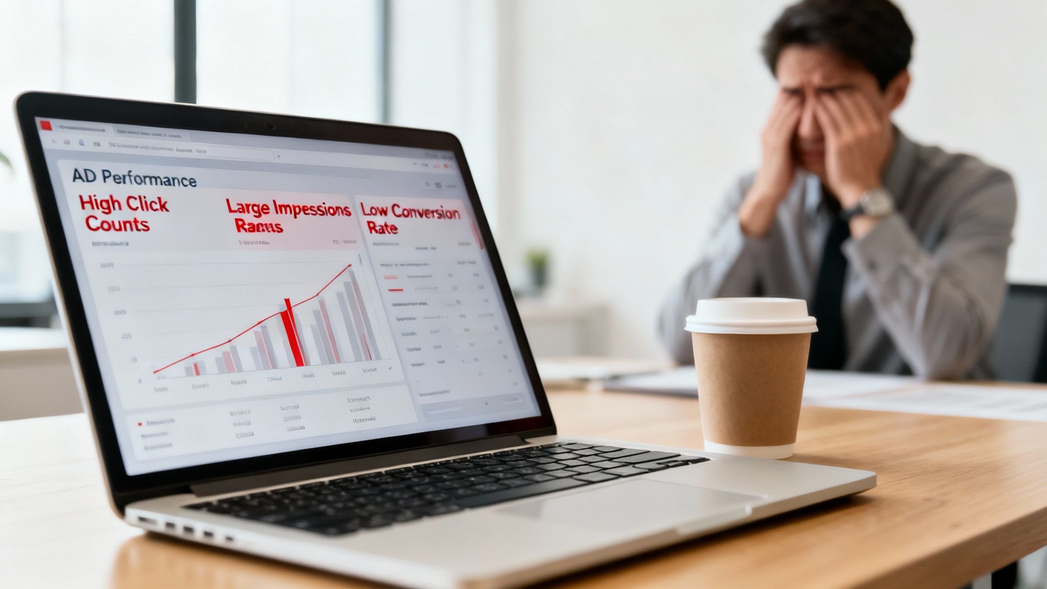 Ein Laptop zeigt die 'Low Conversion Rate' Werbeleistung, im Hintergrund ist ein gestresster Geschäftsmann zu sehen.