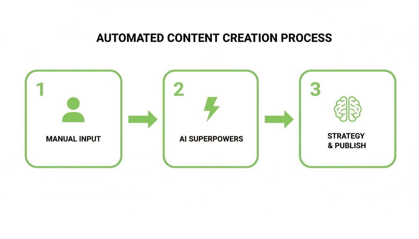 Ein Diagramm veranschaulicht den Prozess der automatisierten Content-Erstellung: manueller Input, AI-Superkräfte und Strategie & publish.