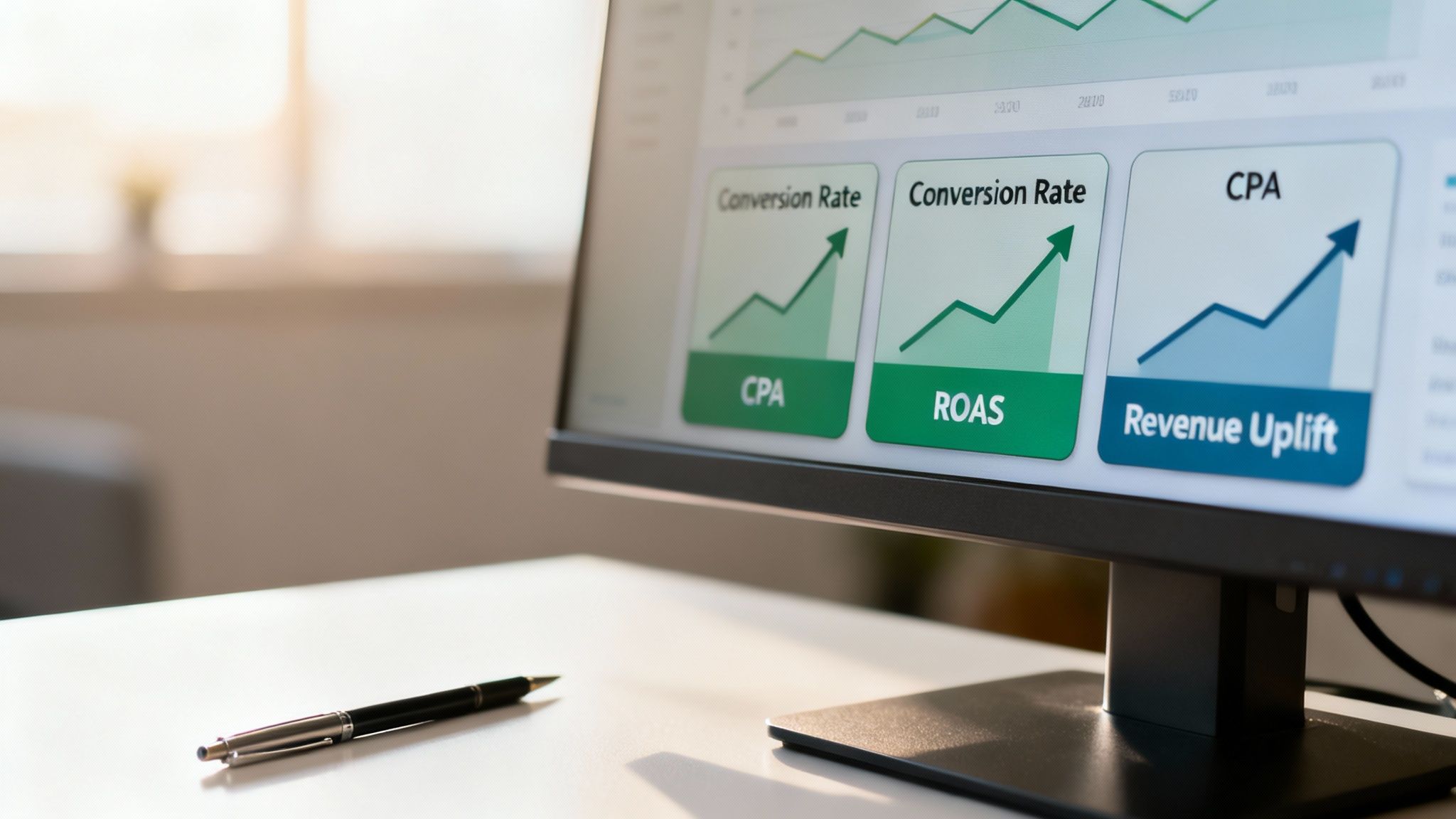 Computermonitor mit Marketing-Analytics-Dashboard: steigende Trends für Conversion Rate, CPA und Umsatzsteigerung.