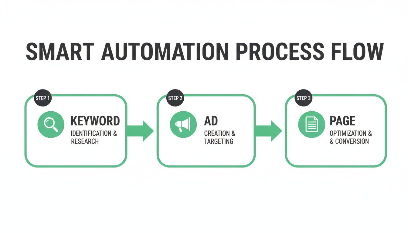 Proces de automatizare smart pentru marketing, inclusiv research de keyword-uri, crearea de ads și optimizarea paginii.