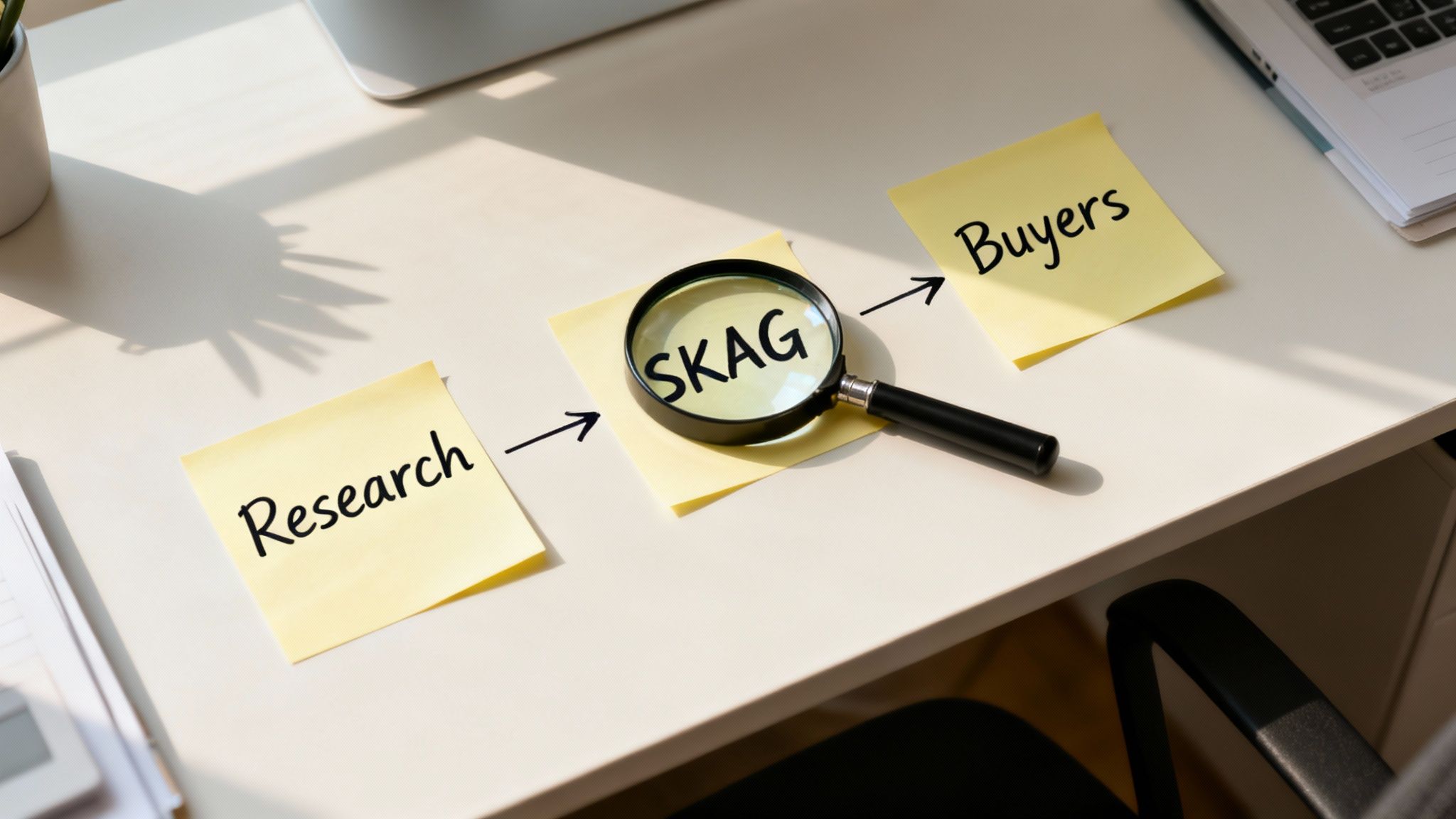 Note lipicioase pe un birou arată un workflow PPC: Research, SKAG evidențiat cu o lupă și Buyers.
