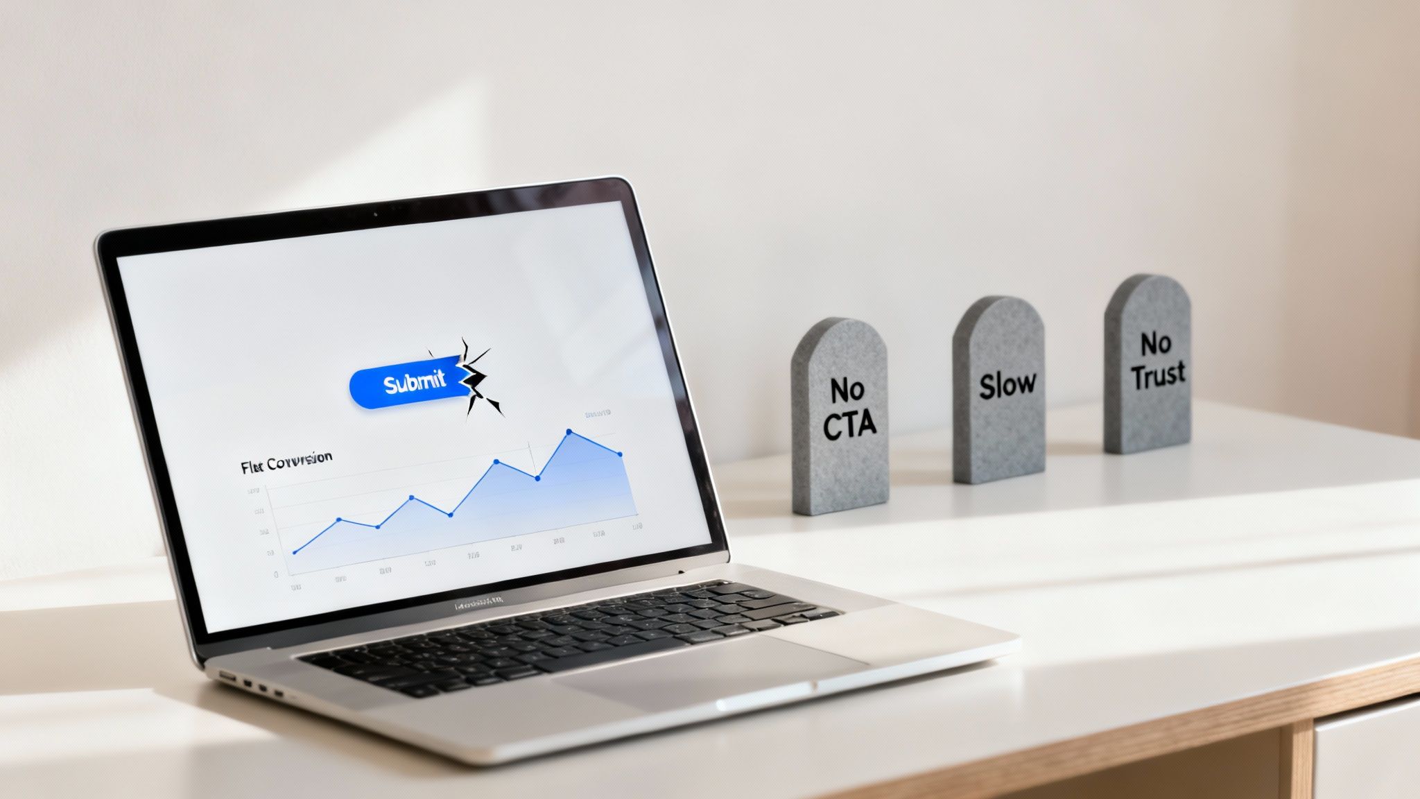 Laptop care afișează o grafică de conversii și un buton de submit defect, lângă morminte cu 'No CTA', 'Slow', 'No Trust'.