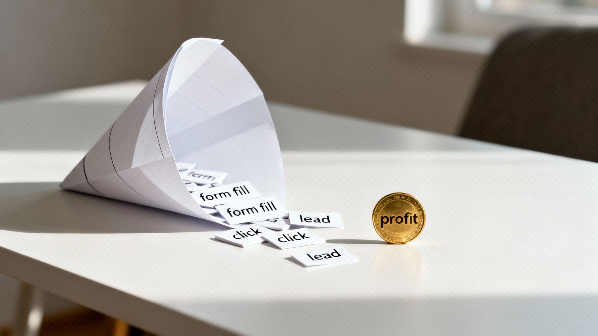 O pâlnie de marketing pe hârtie cu carduri de tip 'click' și 'lead' care se revarsă, ducând la o monedă de aur 'profit'.