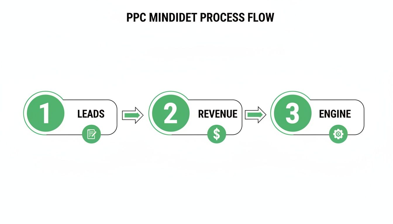 Schéma du processus PPC Mindidet montrant trois étapes : Leads, Revenue et Engine, avec des flèches de connexion.