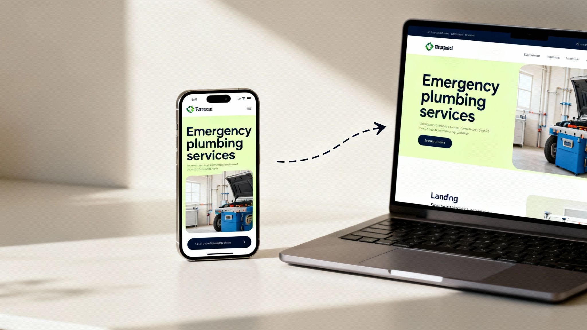 Conception de site responsive pour des services de plomberie d’urgence affichée sur un smartphone et un ordinateur portable.