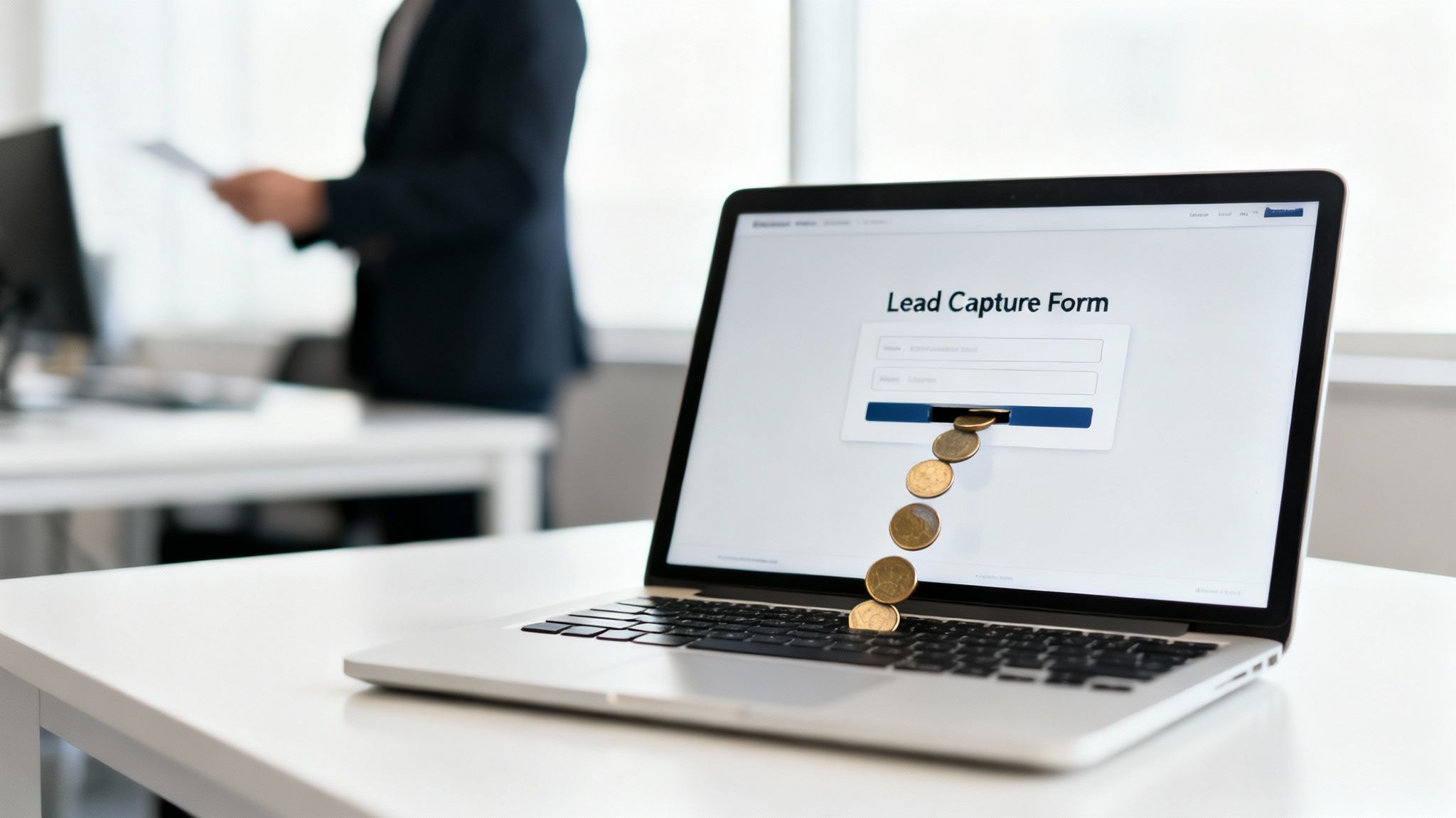 Ordinateur portable affichant un formulaire de capture de leads 'Lead Capture Form' avec des pièces qui sortent de l’écran, symbolisant la génération de leads en ligne et le profit.