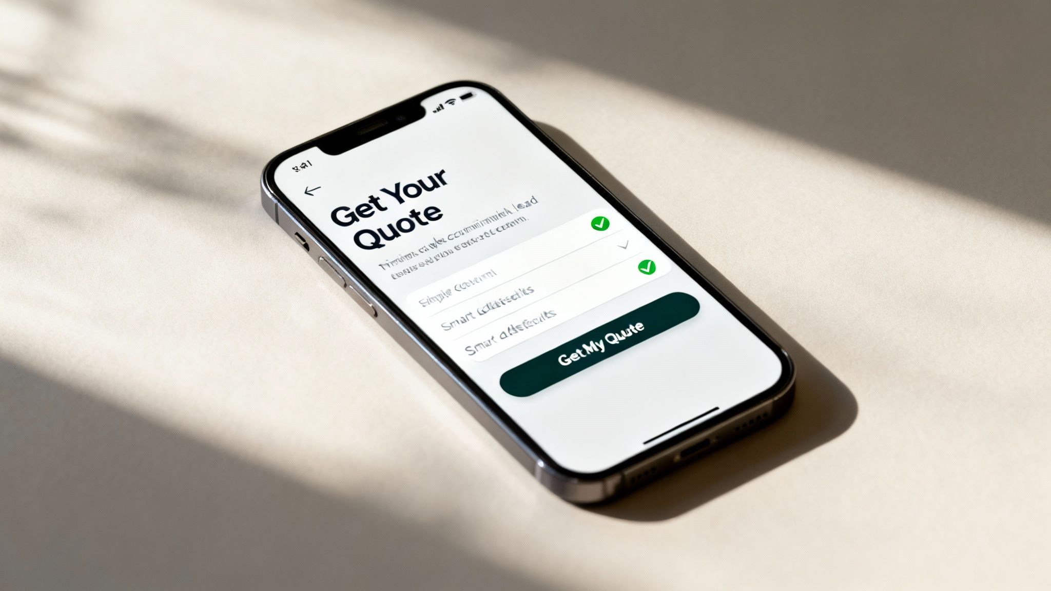 Gros plan d’un smartphone affichant un formulaire de capture de leads 'Get Your Quote' avec des cases à cocher et un bouton.