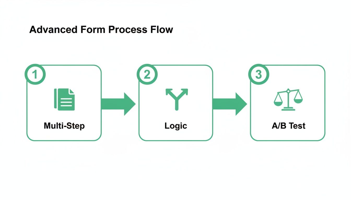 Diagramme de flux de traitement avancé du formulaire montrant un multi-step, une logique de branchement et des étapes de A/B testing.