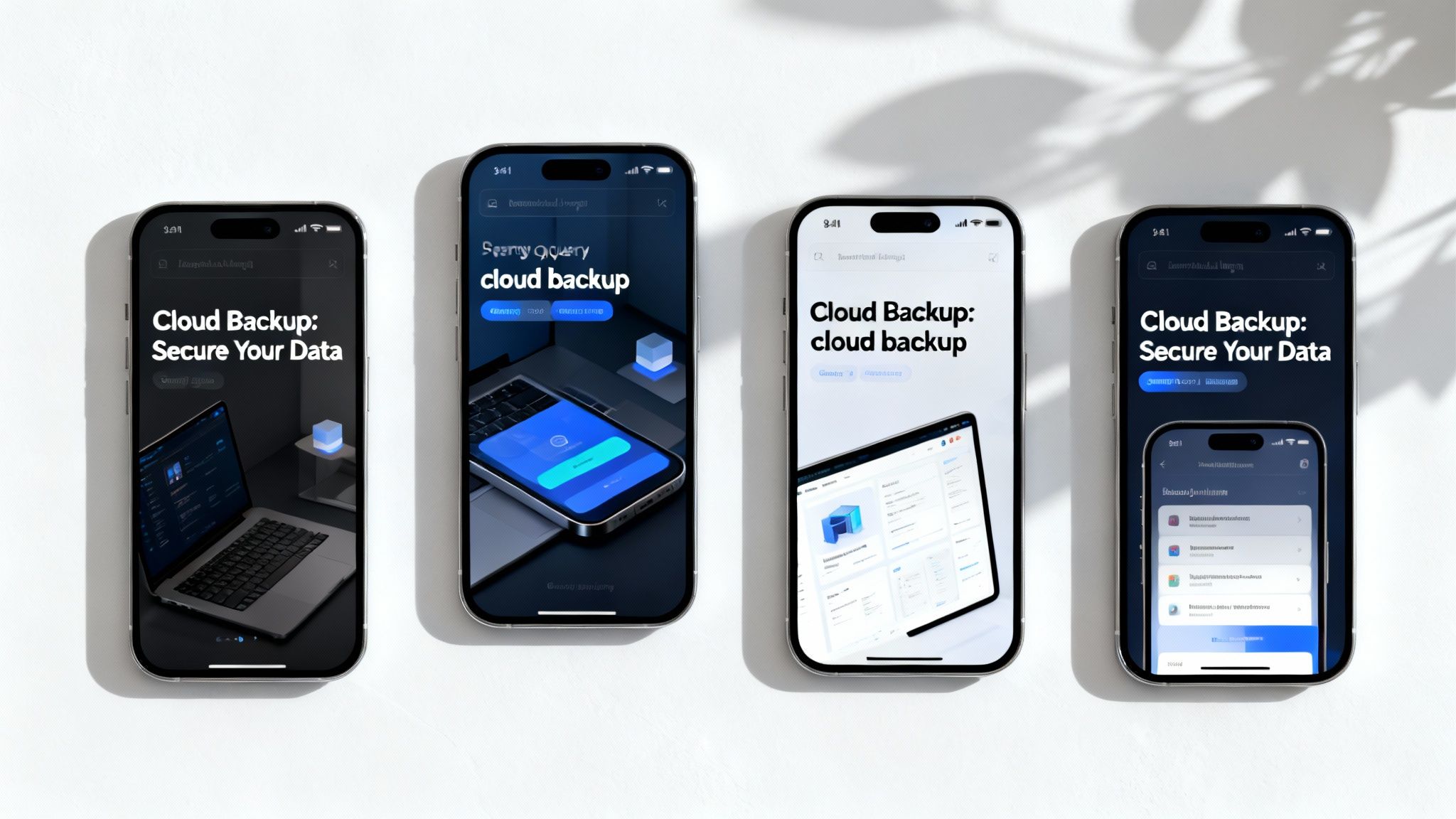 Quatre smartphones affichant diverses interfaces d’applications pour des solutions de cloud backup et de stockage de données sécurisé.