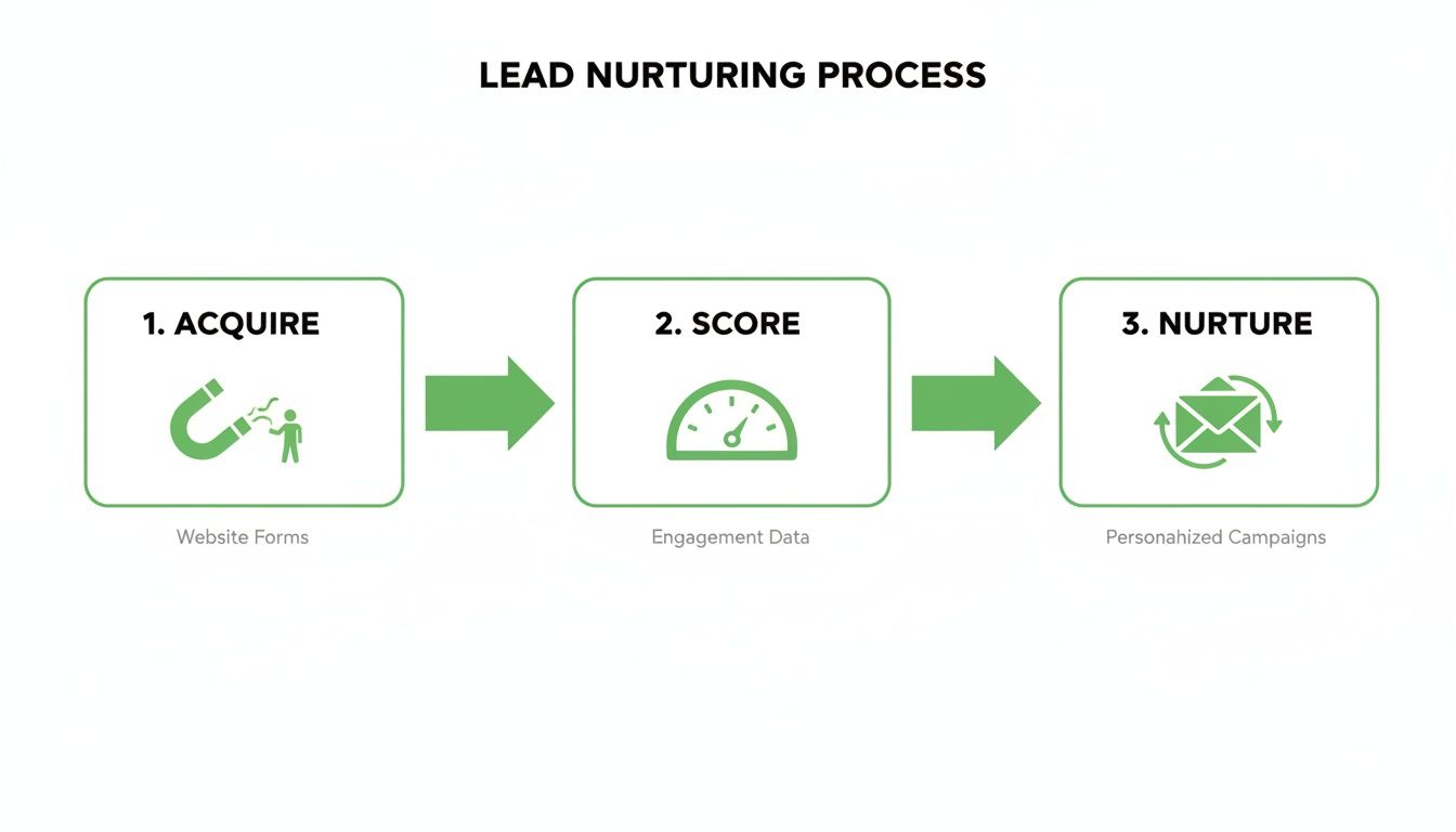 Schéma montrant le processus de lead nurturing : obtenir via les formulaires du site, scorer avec des données d’engagement, nurturing avec des campagnes personnalisées.