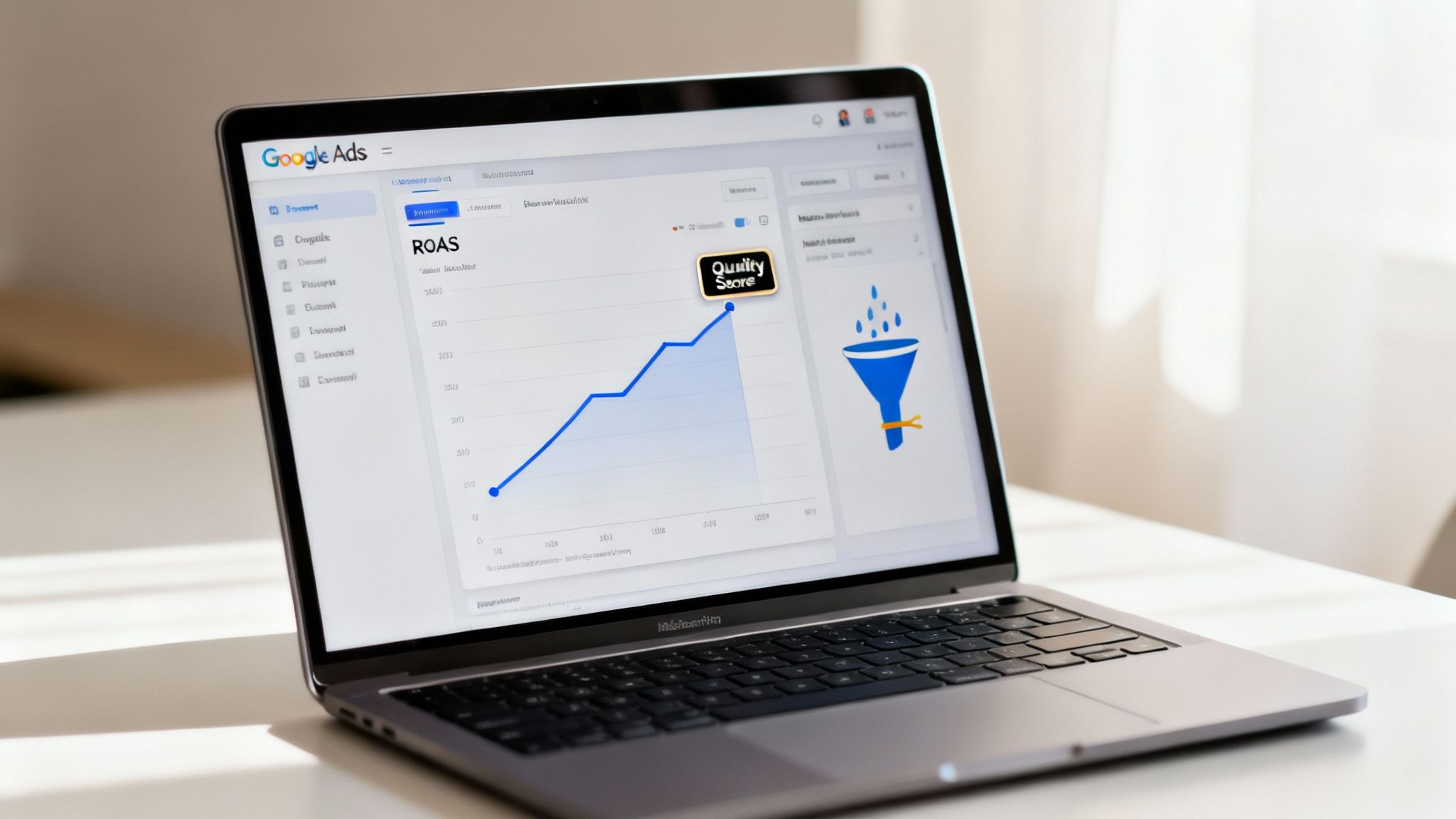 Un ordinateur portable affiche le tableau de bord Google Ads avec un graphique de performance, Quality Score et un entonnoir de conversion.