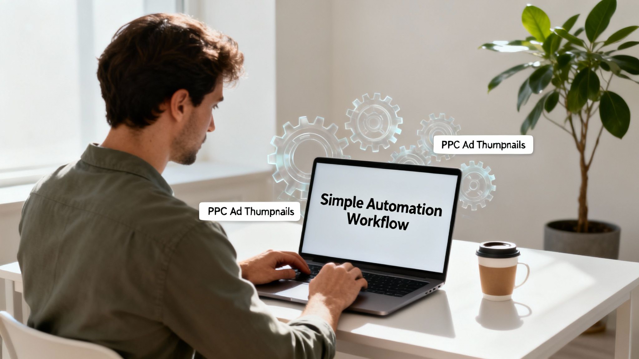 Un homme utilisant un ordinateur portable, affichant 'Simple Automation Workflow' pour 'PPC Ad Thumbnails' avec des engrenages.