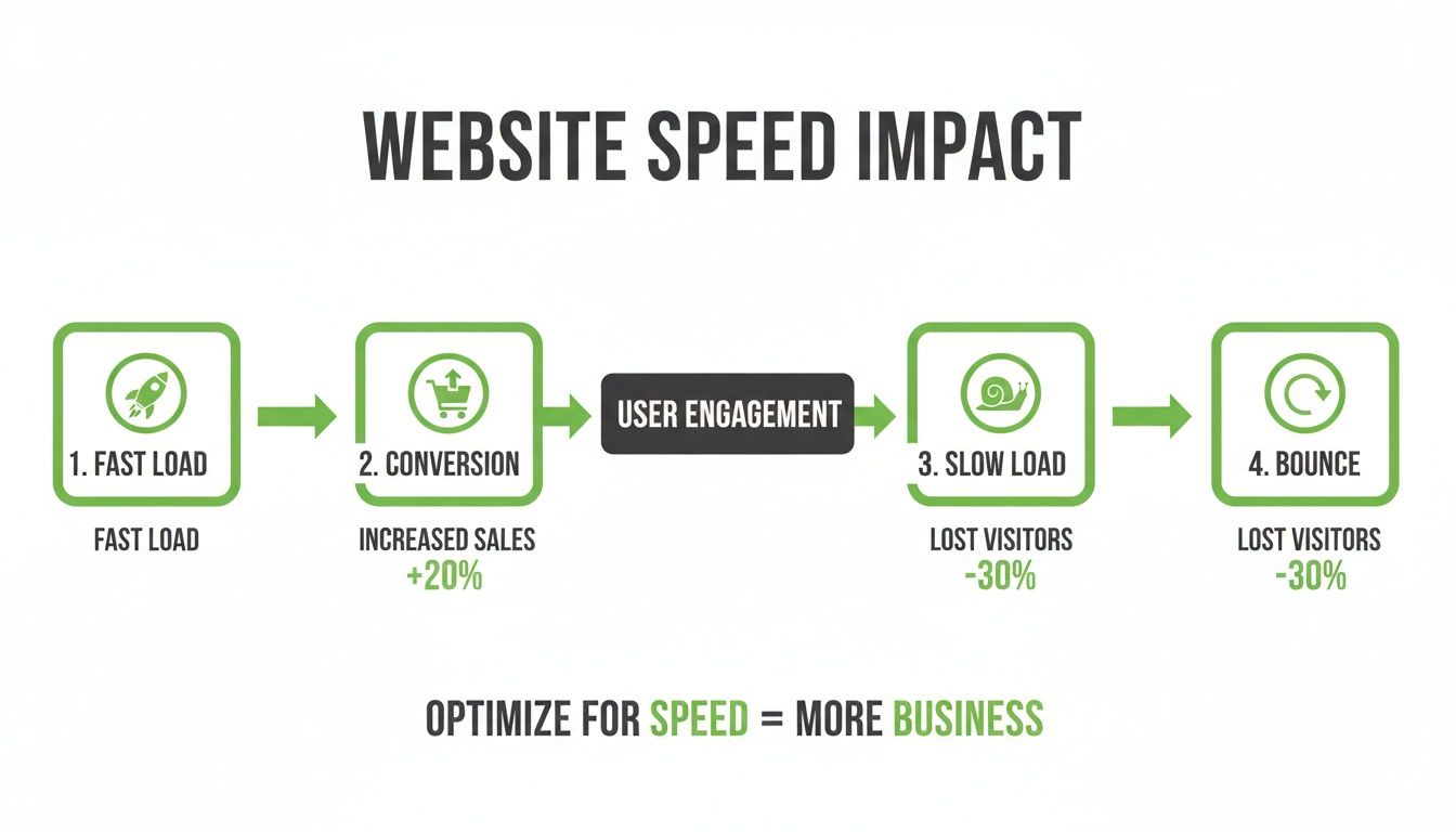 Infografía que muestra cómo la velocidad del sitio web impacta la interacción del usuario, aumentando las conversiones o provocando la pérdida de visitantes y rebotes.