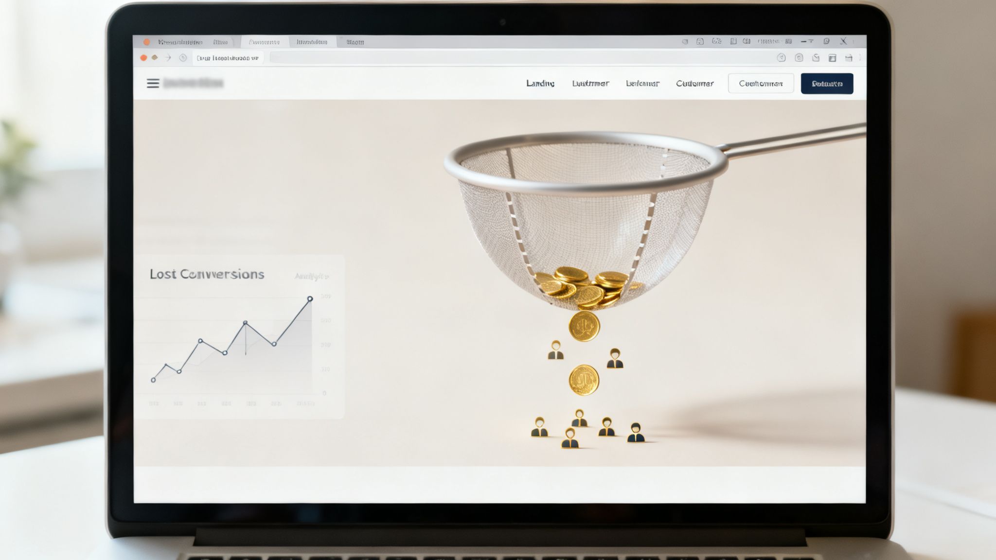 La pantalla de un portátil muestra un sitio web con el gráfico 'Lost Conversions' y monedas cayendo a través de un colador hacia iconos de personas.