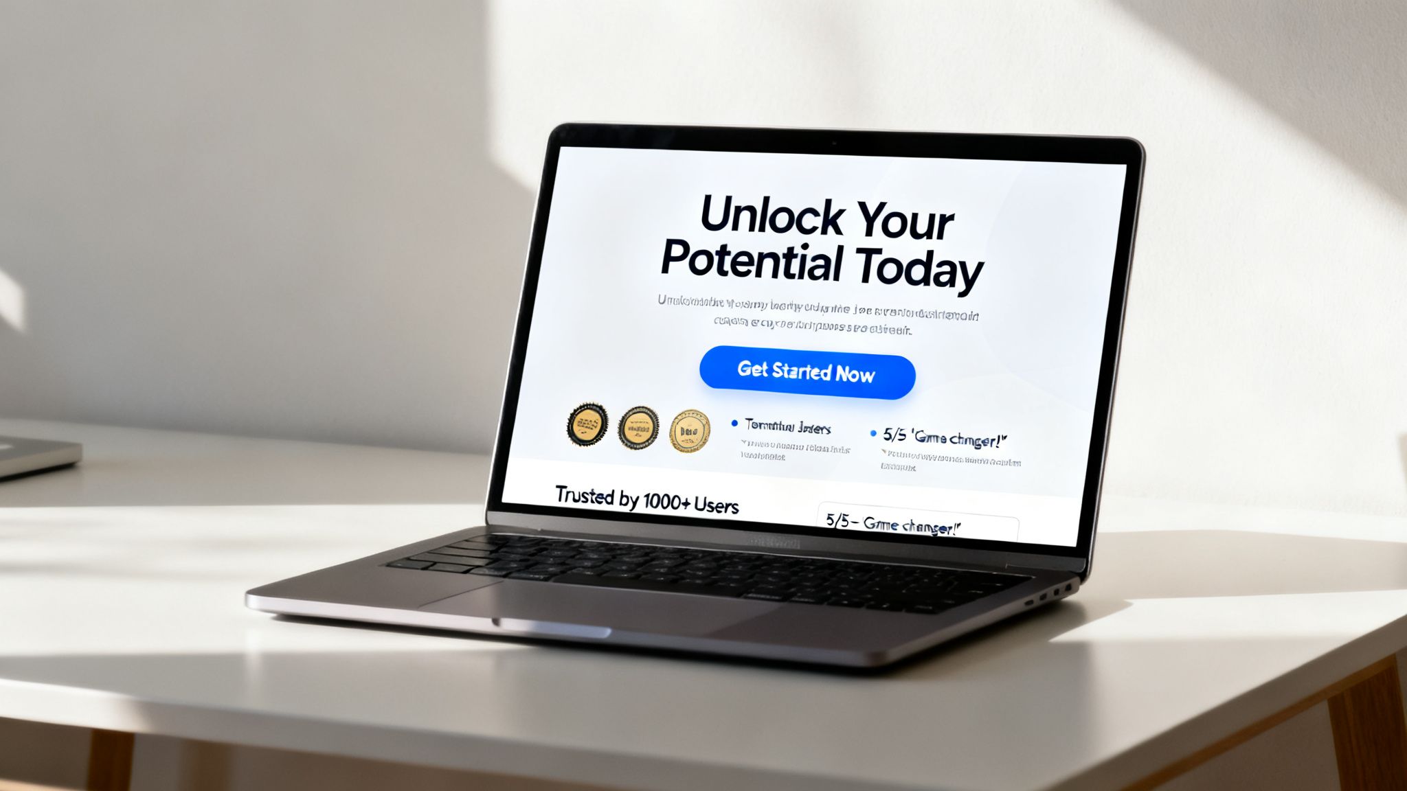 La pantalla de un portátil muestra un sitio web optimizado para la conversión con el título 'Unlock Your Potential Today' y un botón 'Get Started Now'.