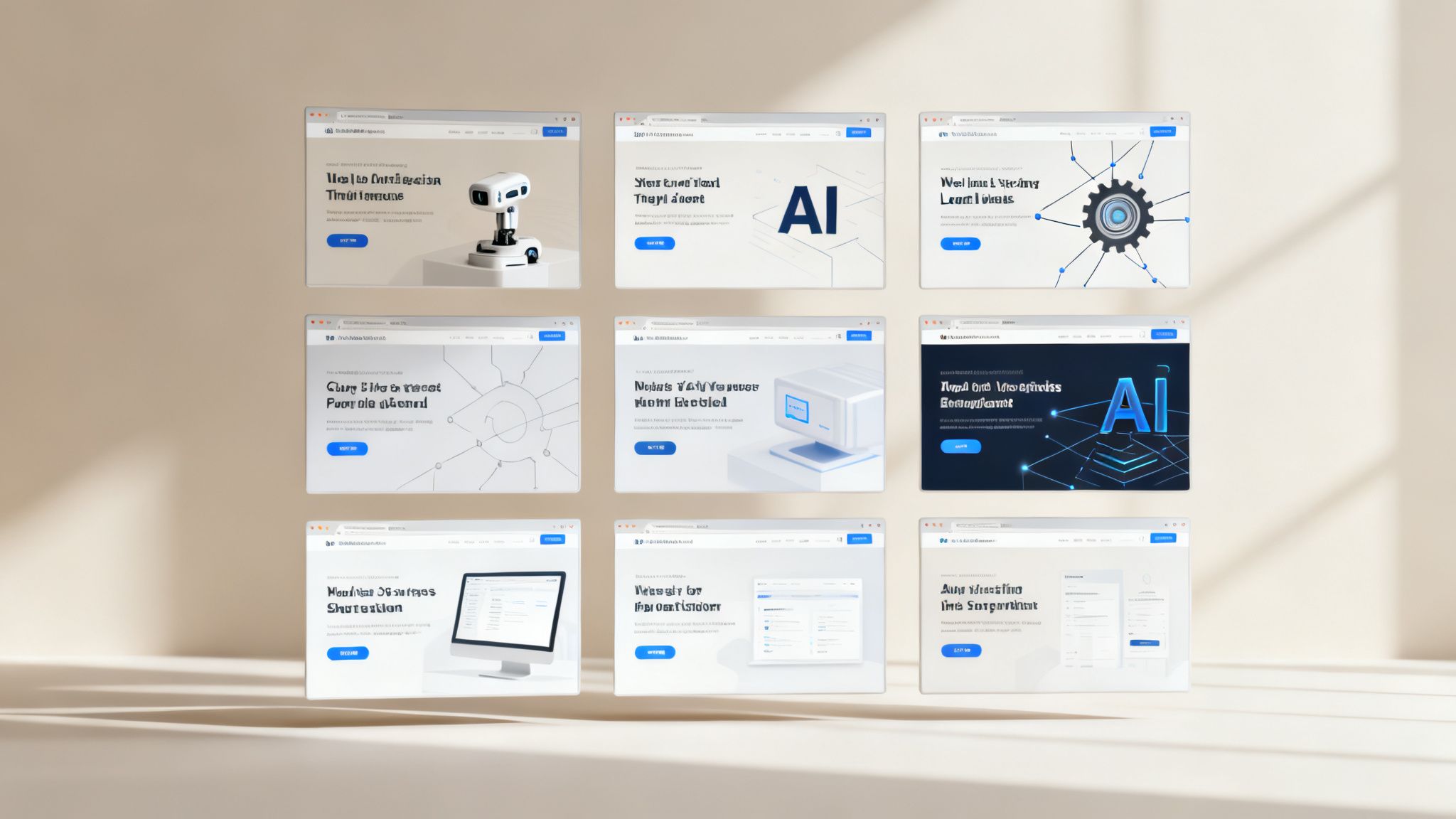 Nueve ventanas de navegador distintas muestran varios diseños de sitios web optimizados para la conversión con temas de tecnología y AI.