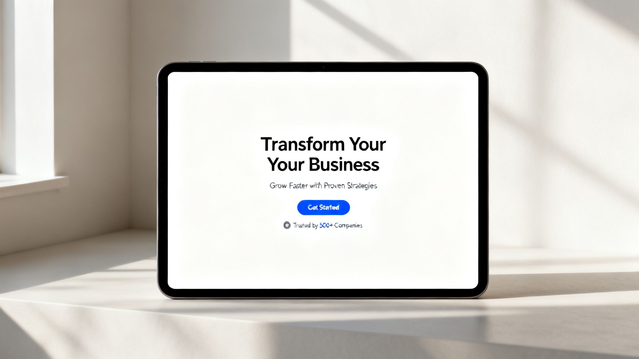 Une tablette sur un bureau affiche une landing page business pour « Transform Your Business » avec un appel à l’action « Get Started ».