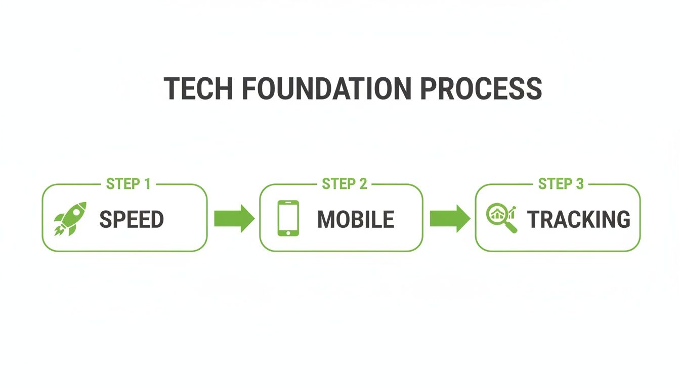 Un schéma illustrant un processus technique en trois étapes : Vitesse, Mobile et Tracking.