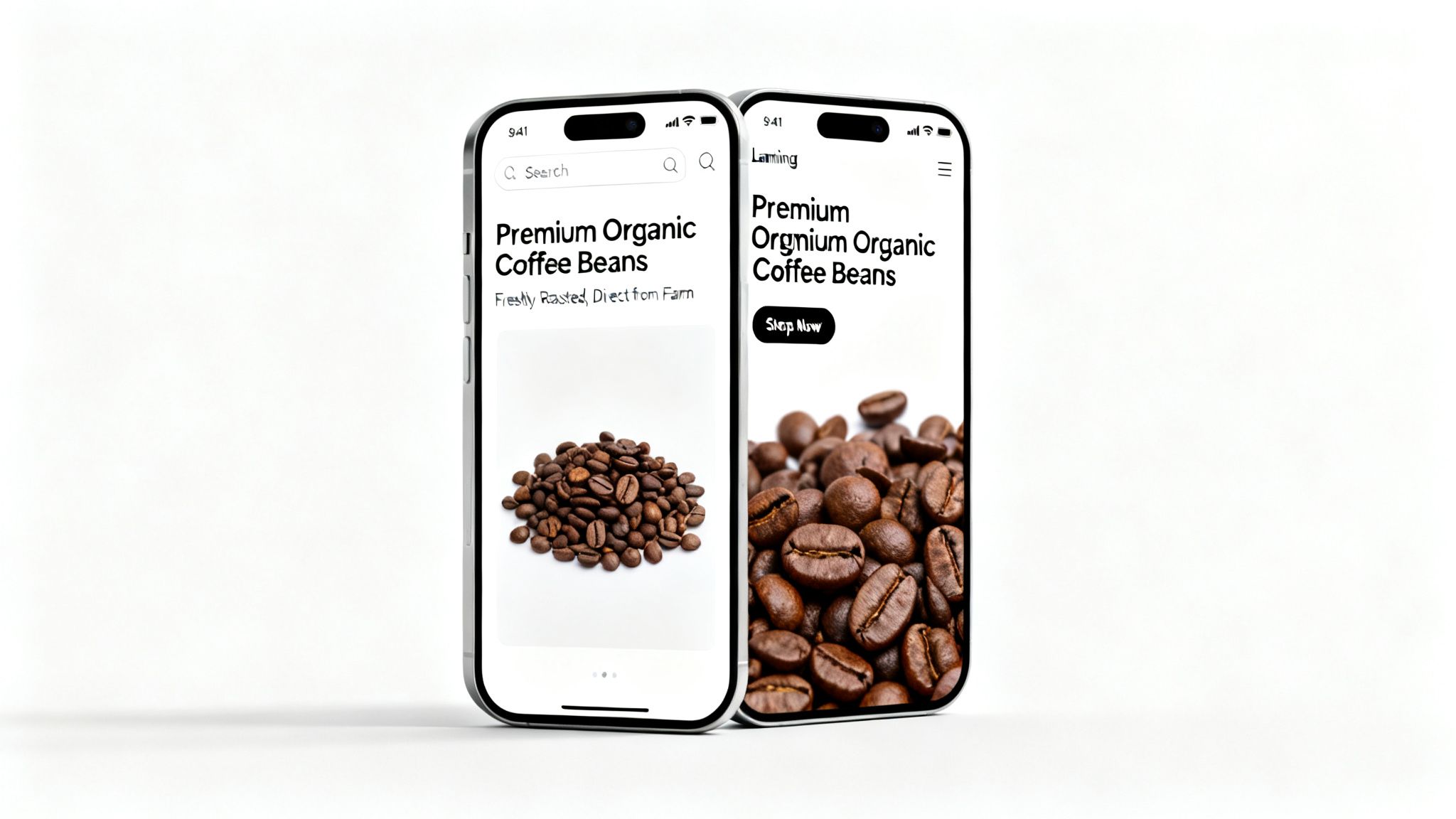 Deux smartphones affichent des landing pages e-commerce pour des grains de café bio premium.