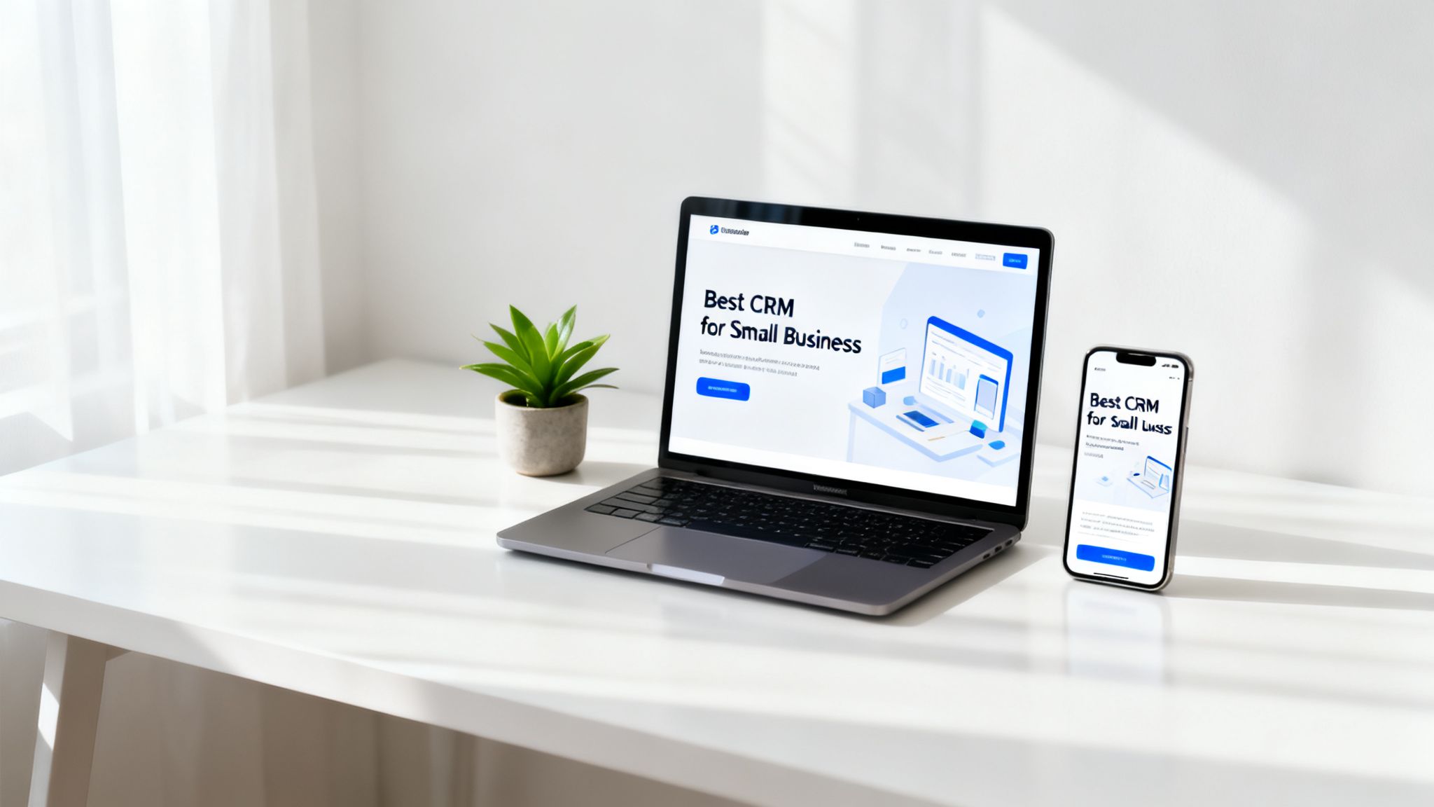 Ein Laptop- und Smartphone-Display zeigt eine ‚Best CRM for Small Business‘-Website auf einem hellen weißen Schreibtisch.