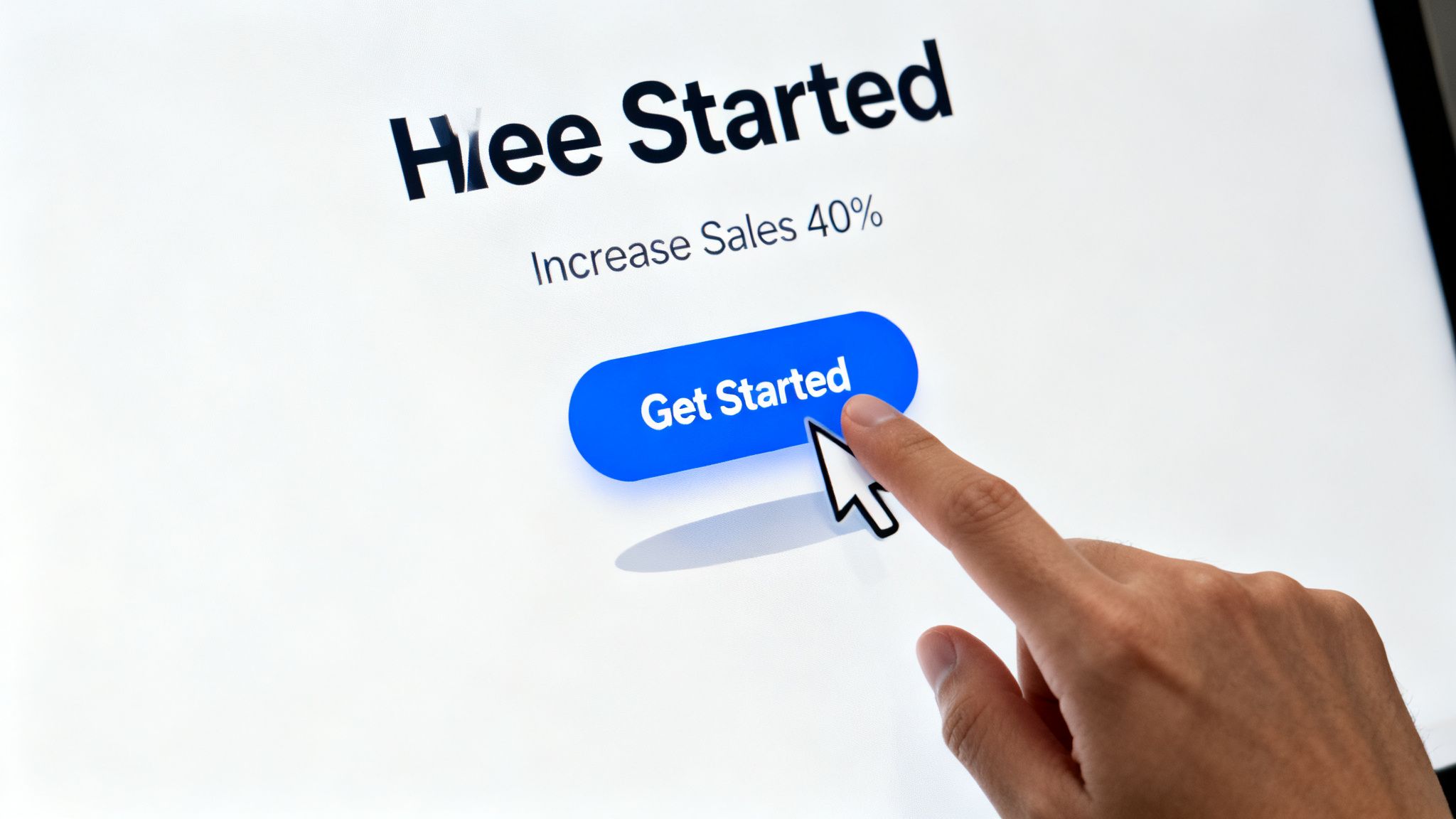 Eine Hand klickt auf einen ‚Get Started‘-Button auf einem Bildschirm, der ‚Increase Sales 40%‘ verspricht.