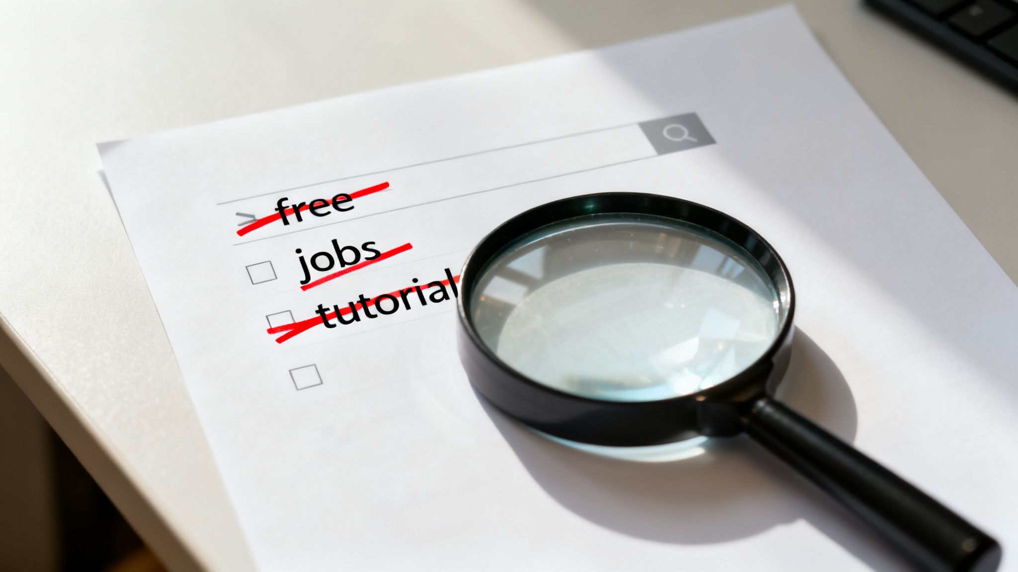 Une feuille affiche des résultats de recherche « free », « jobs », « tutorial » barrés, avec une loupe.