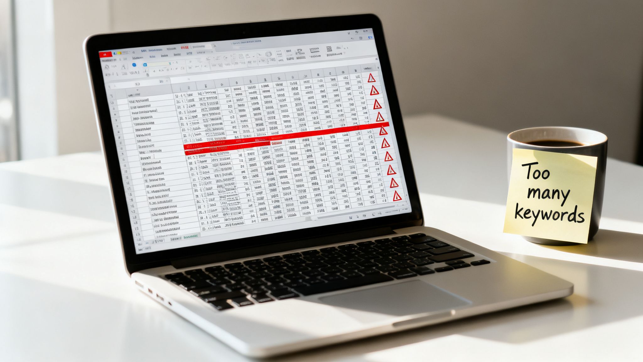Un ordinateur portable affiche un tableur avec des alertes rouges indiquant trop de keywords PPC, à côté d’une tasse « Trop de mots-clés ».