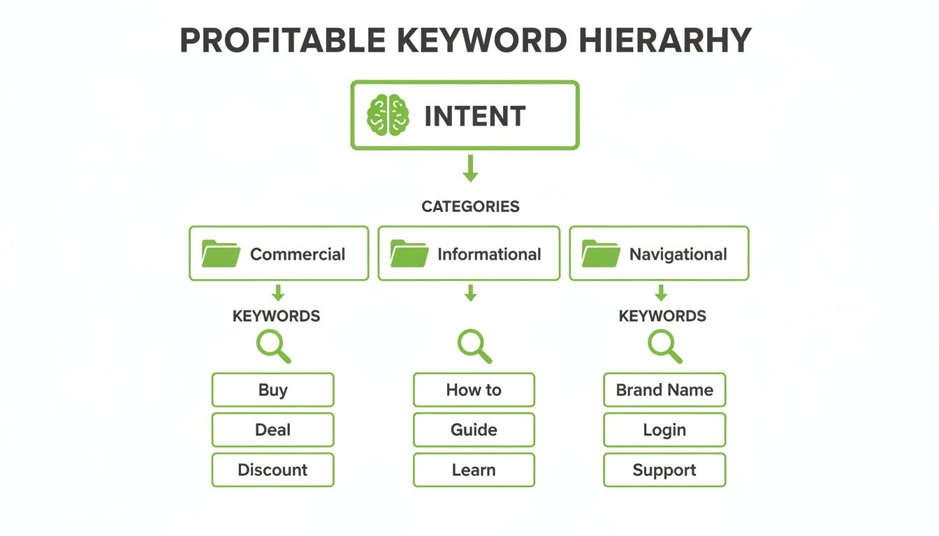 Un organigramme qui illustre une hiérarchie de mots-clés rentable basée sur l’intention utilisateur et des catégories comme commercial, informationnel et navigationnel.