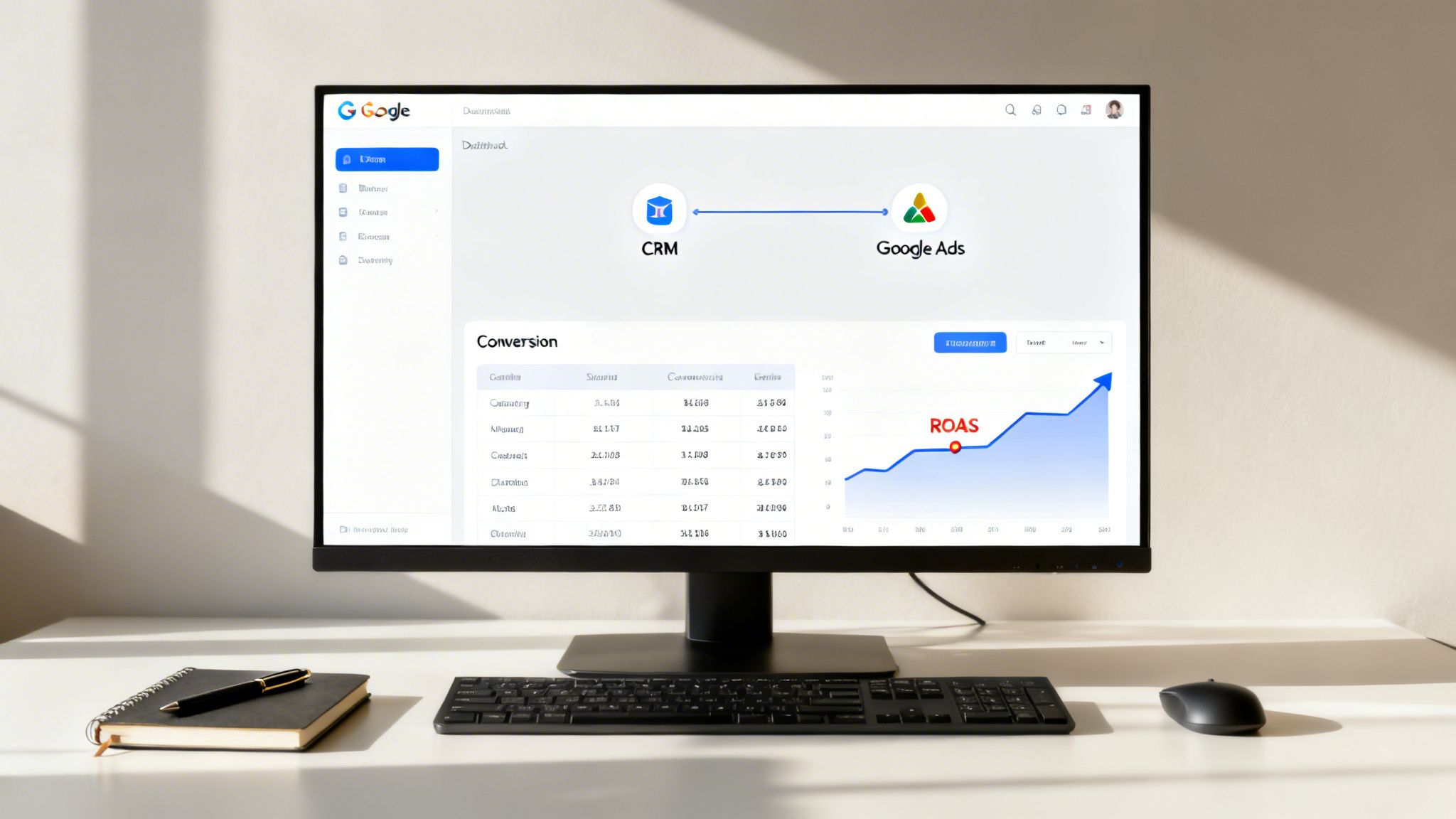Un monitor de ordenador muestra un panel de Google con integración de CRM y Google Ads, con datos de conversión y un gráfico de ROAS.
