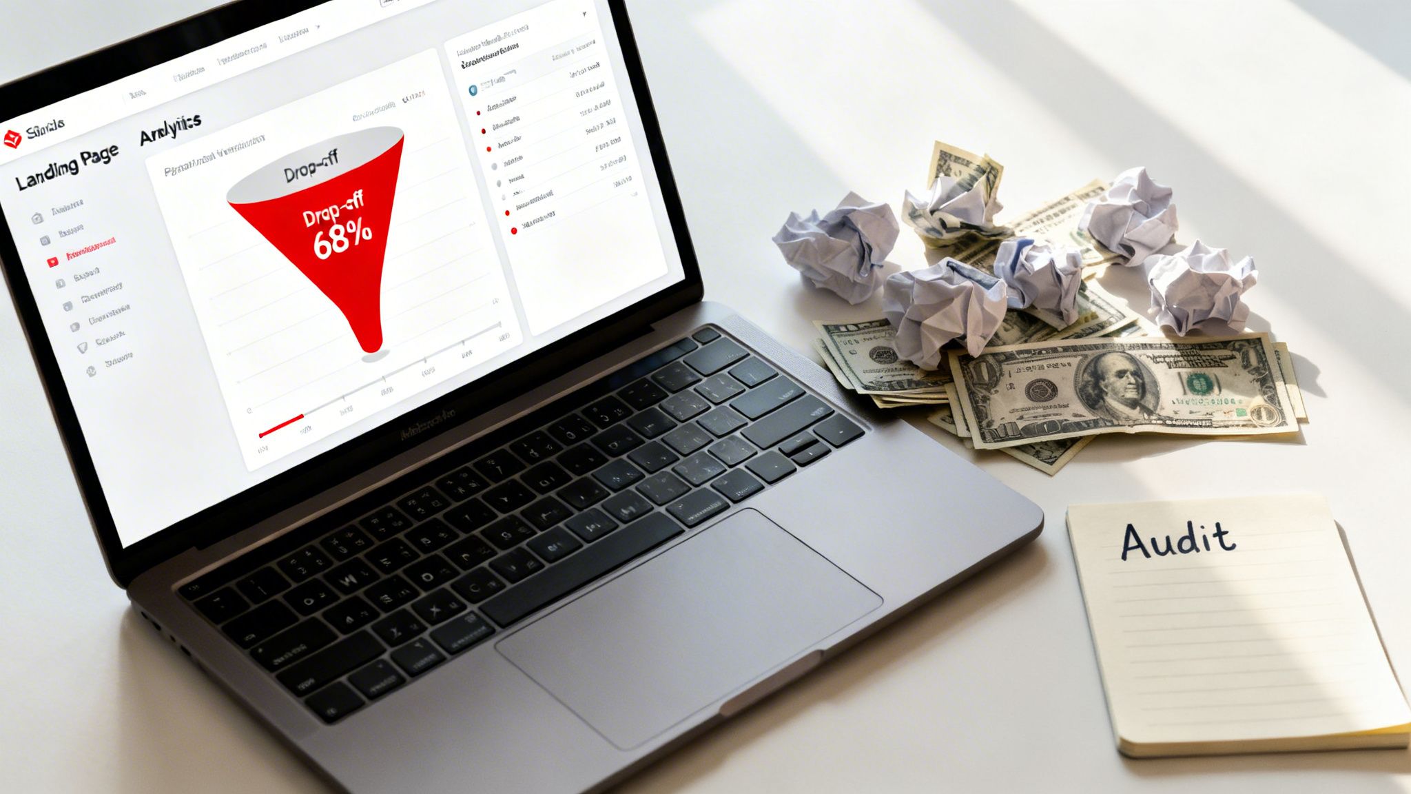 Ordenador portátil que muestra analítica web con un embudo de caída del 68%, junto a papeles arrugados, billetes y un cuaderno de 'Audit'.