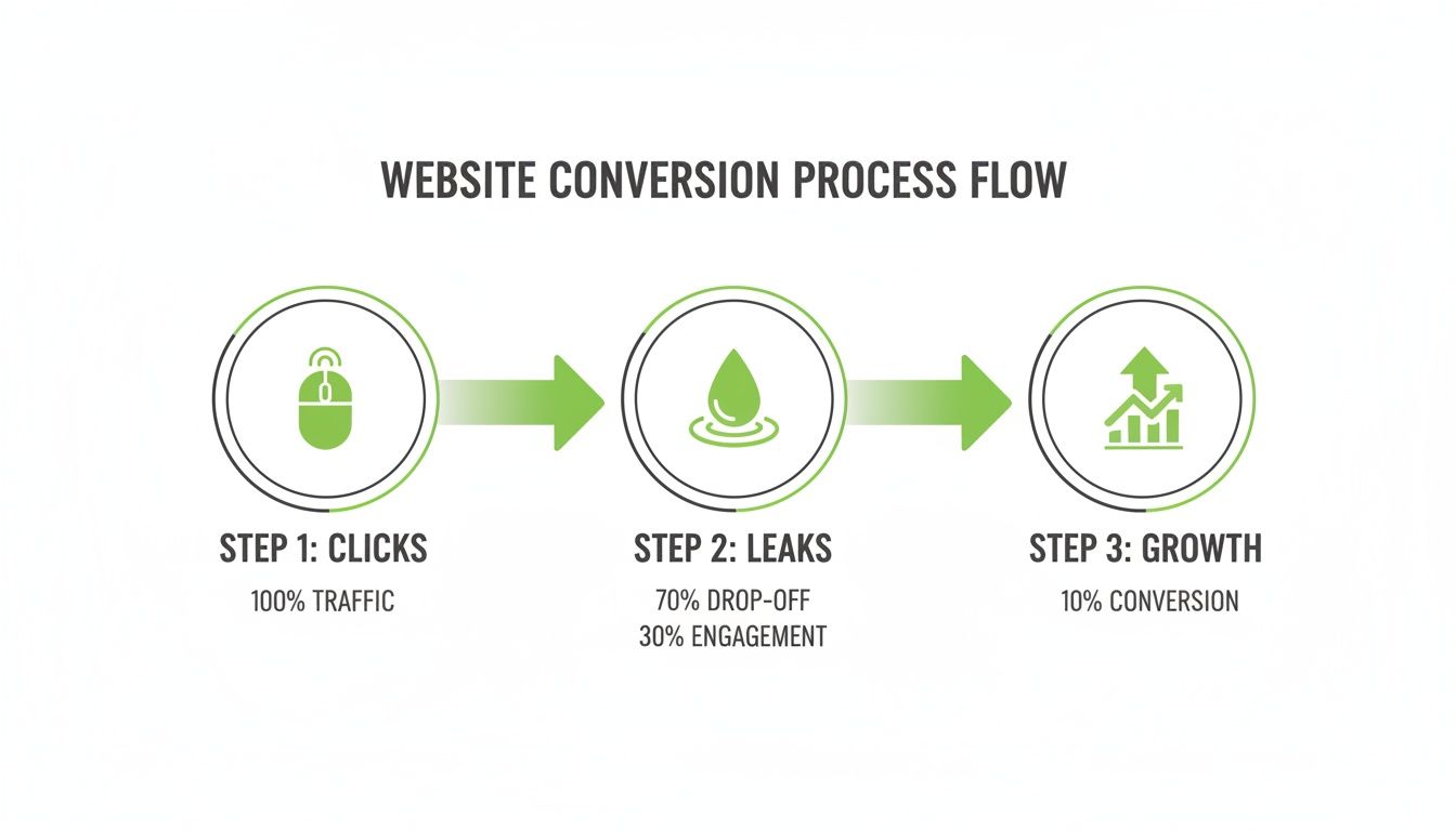 Diagrama que ilustra el proceso de conversión del sitio web desde 100% de clics hasta 10% de crecimiento tras las fugas.
