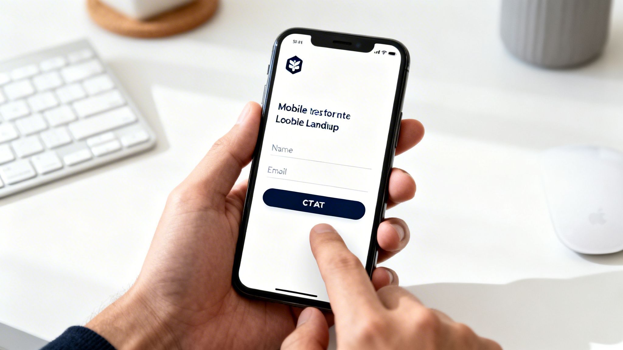 Hände einer Person, die ein iPhone mit einem Lead-Generierungs-Anmeldeformular für Name, E-Mail und CTAT-Button anzeigen.