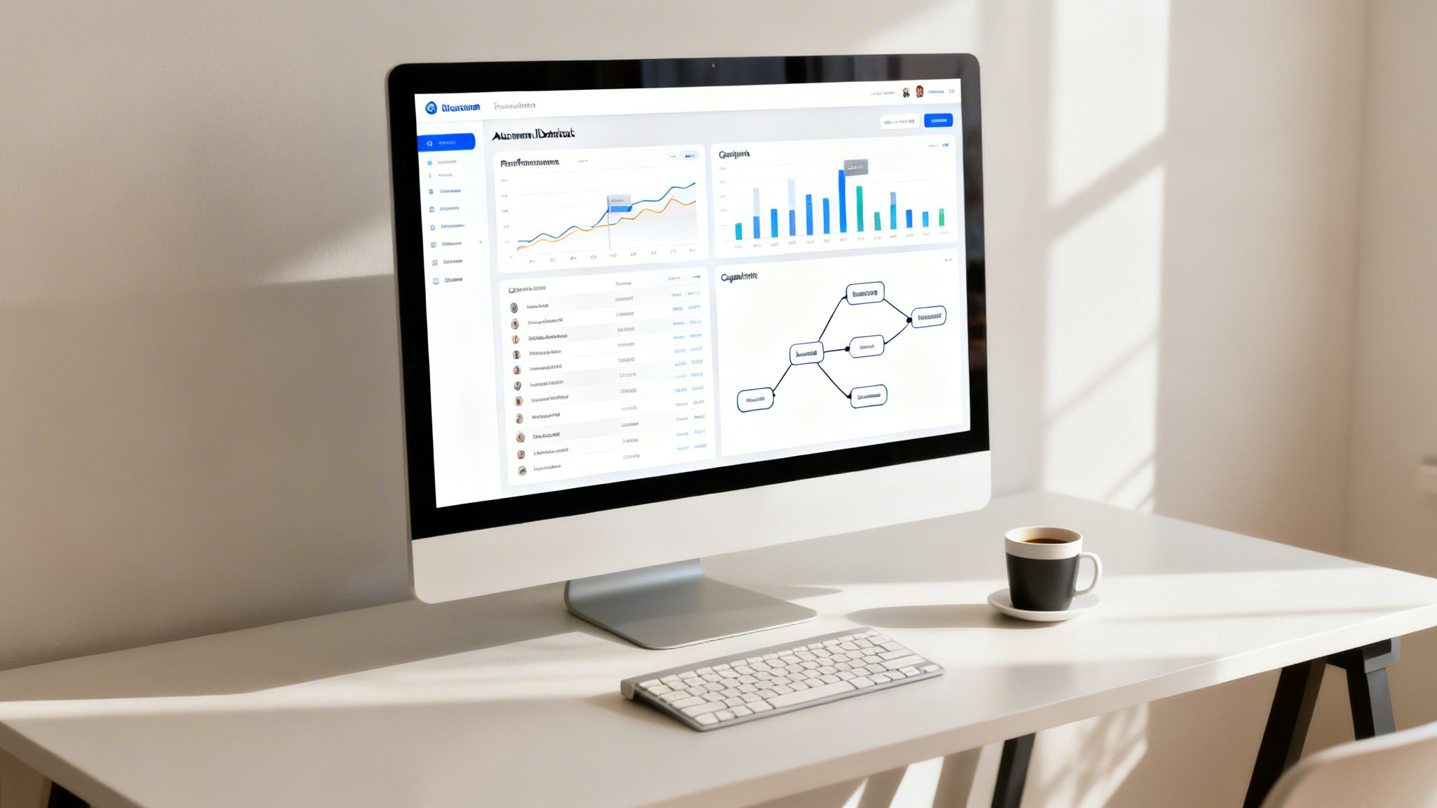 Sauberer, moderner Arbeitsplatz mit Computer-Monitor, der ein Data-Dashboard zeigt, einer Tastatur und einer Tasse Kaffee.