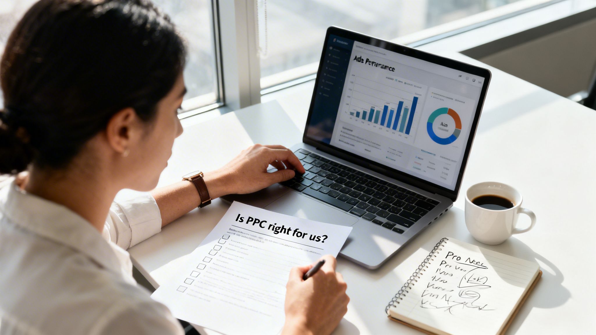 Una mujer evalúa estrategias de PPC con un documento y un portátil que muestra datos de rendimiento de anuncios.