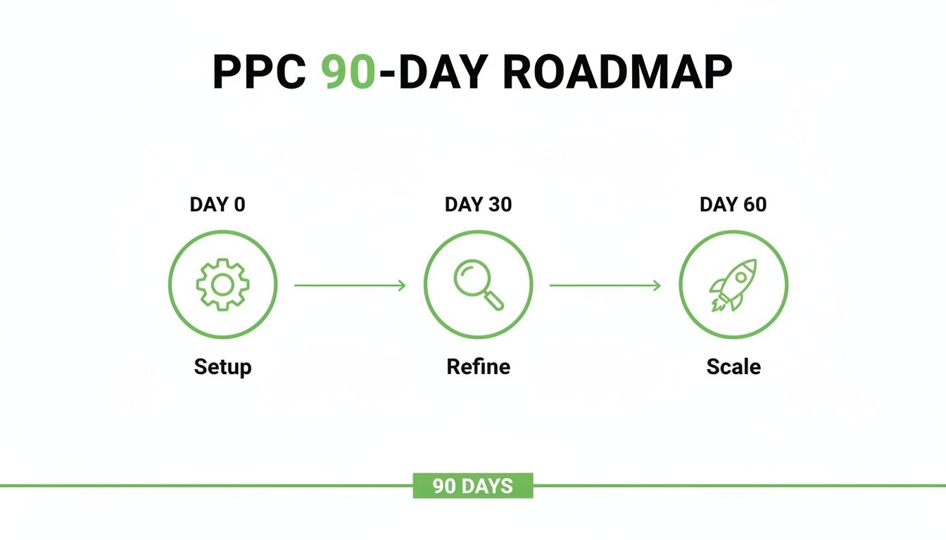 Hoja de ruta de PPC a 90 días que ilustra tres fases: configuracion del Dia 0, mejora en el Dia 30 y escala en el Dia 60.