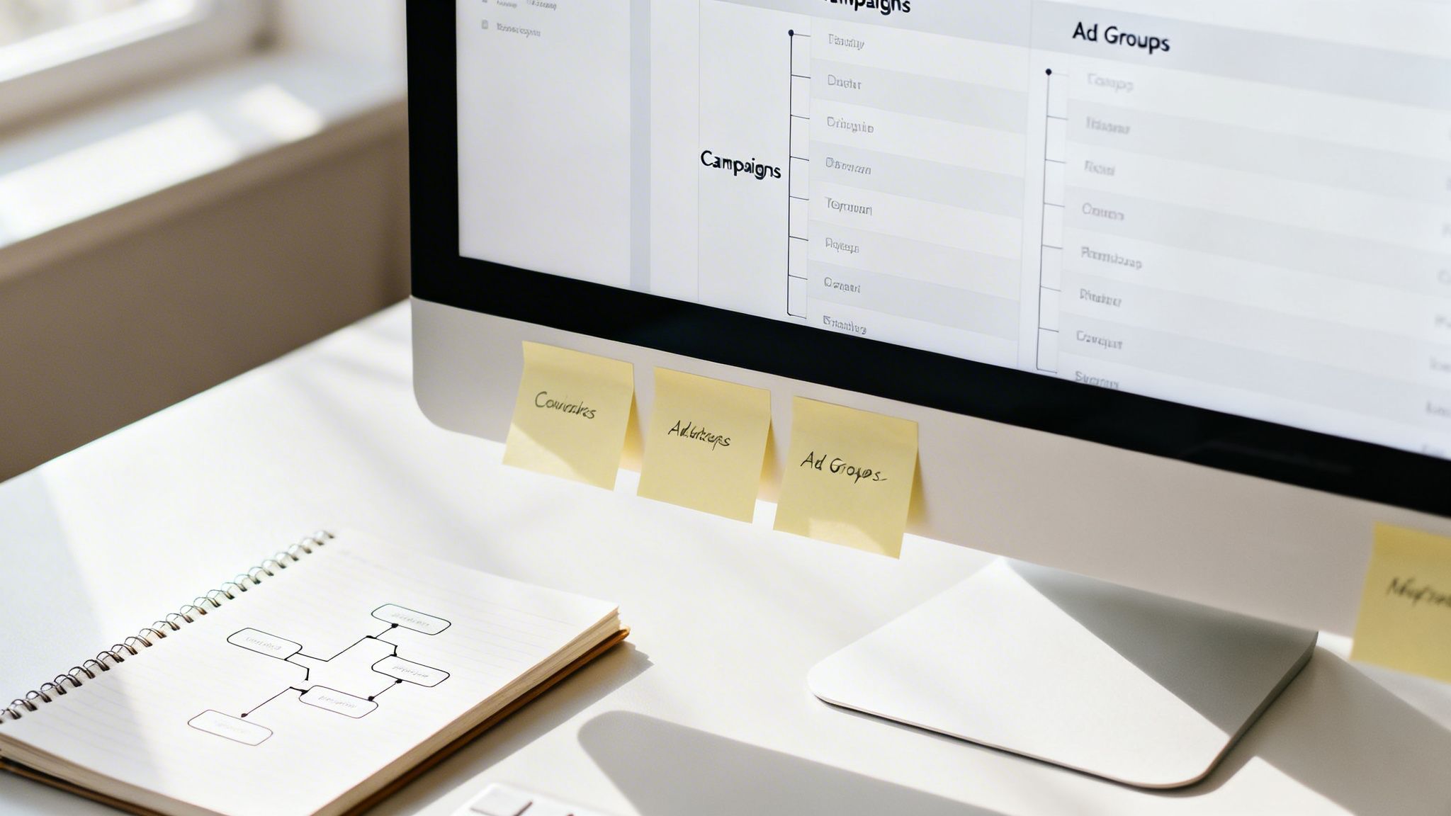 Un escritorio con un monitor que muestra campañas de anuncios, post-its y un cuaderno con un diagrama de flujo.