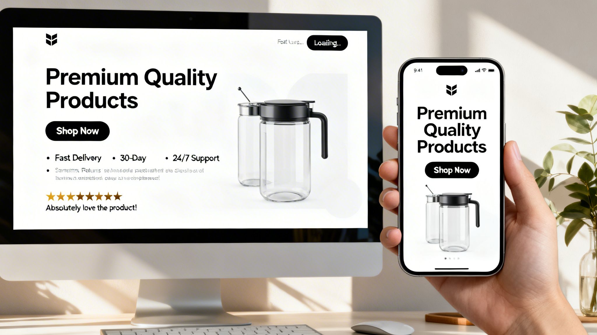 Un monitor de escritorio y una pantalla de smartphone muestran un sitio de e-commerce con jarras de vidrio de calidad premium.