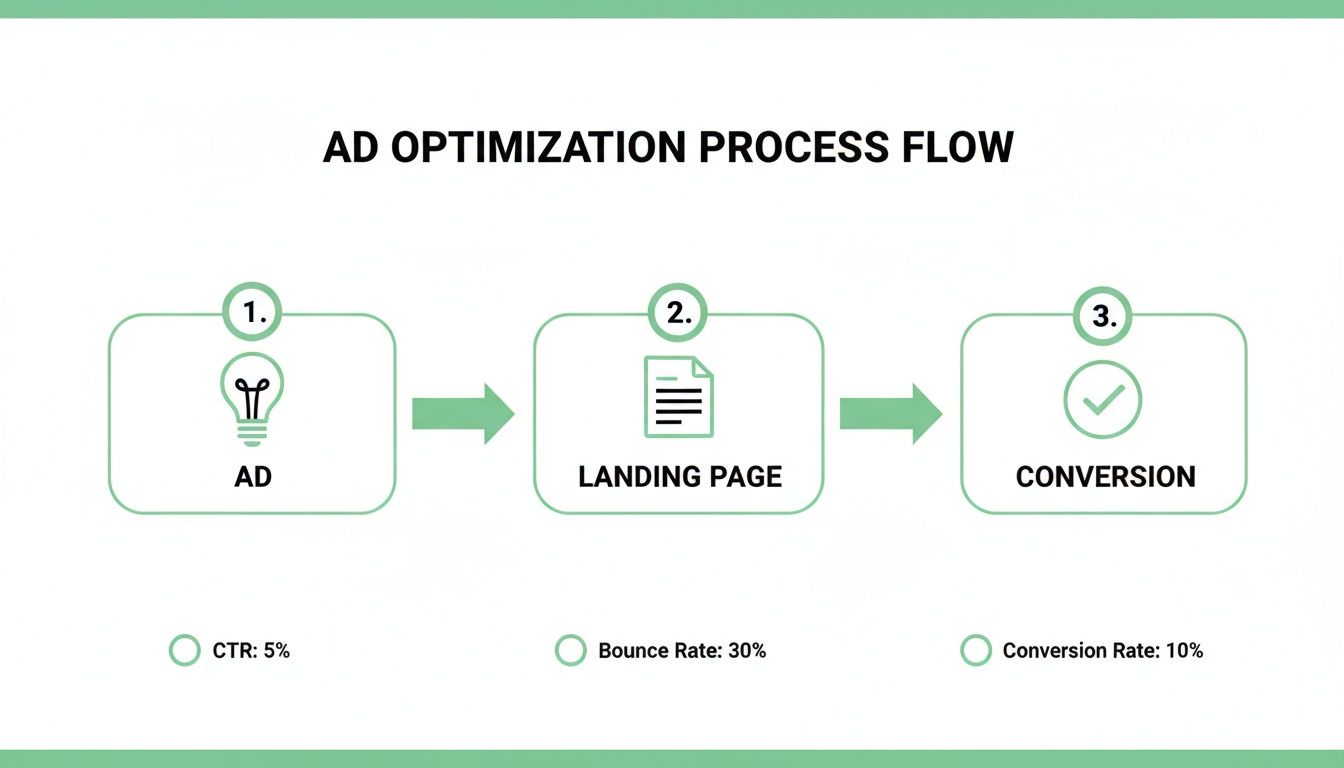 Flux du processus d’optimisation des annonces montrant les étapes : Annonce (CTR 5%), Landing Page (Taux de rebond 30%), Conversion (Taux de conversion 10%).