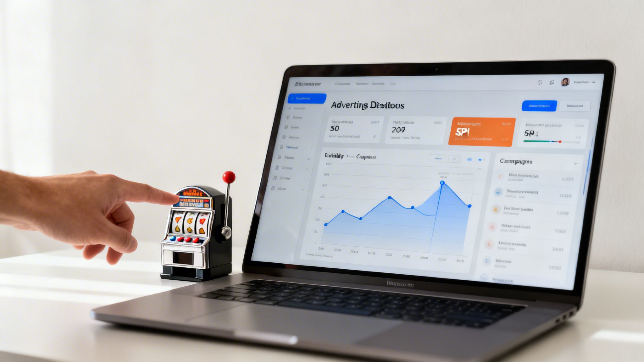 Un joueur fait tourner une machine à sous miniature à côté d’un ordinateur portable affichant des données d’optimisation des campagnes publicitaires.