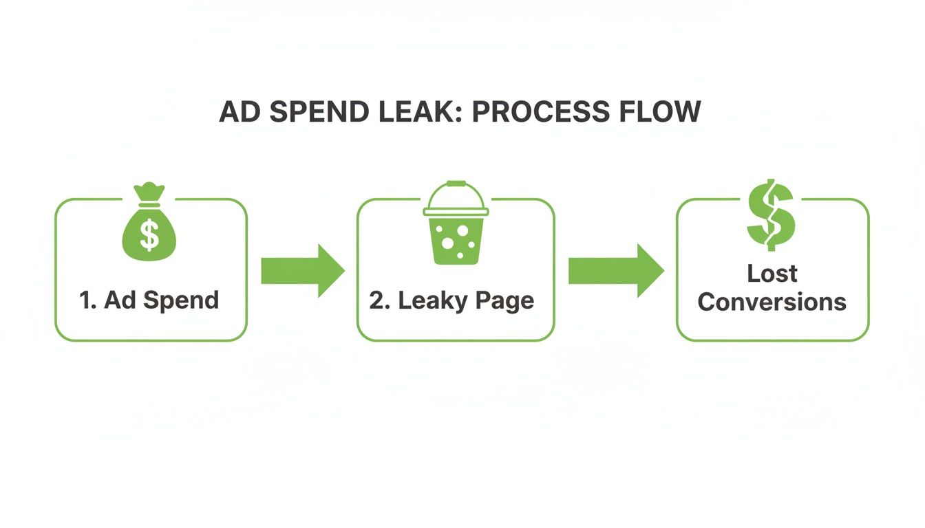 Schéma illustrant le processus de fuite de budget publicitaire : budget publicitaire, page fuyante et conversions perdues.
