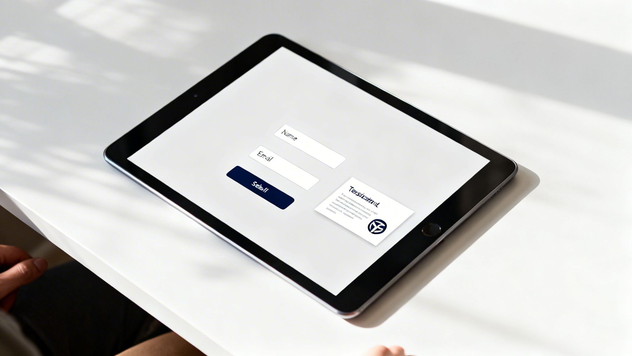 Une tablette sur un bureau blanc affichant un formulaire de landing page avec nom, email et un bouton submit.