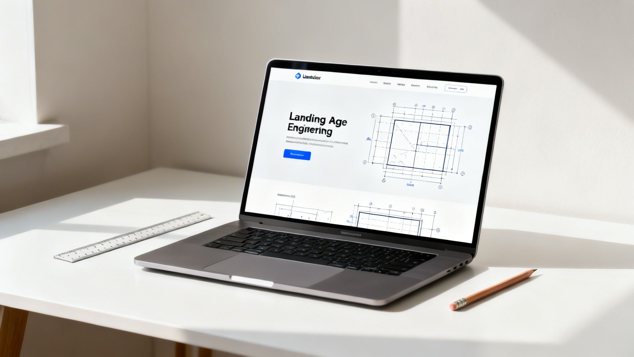 Ordinateur portable sur un bureau blanc affichant un formulaire de landing page avec des plans d’ingénierie, une règle et un crayon.