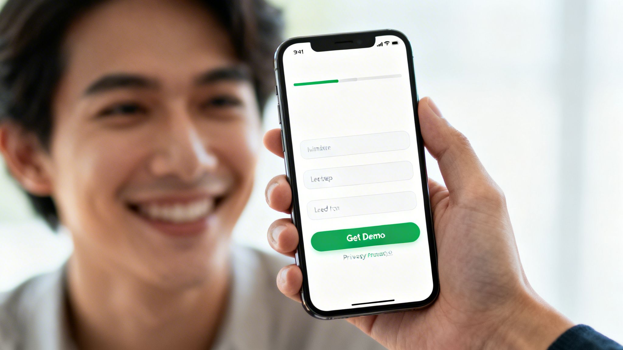 O persoană zâmbitoare în fundal, în timp ce o mână ține un smartphone ce afișează un formular de generare de lead-uri.