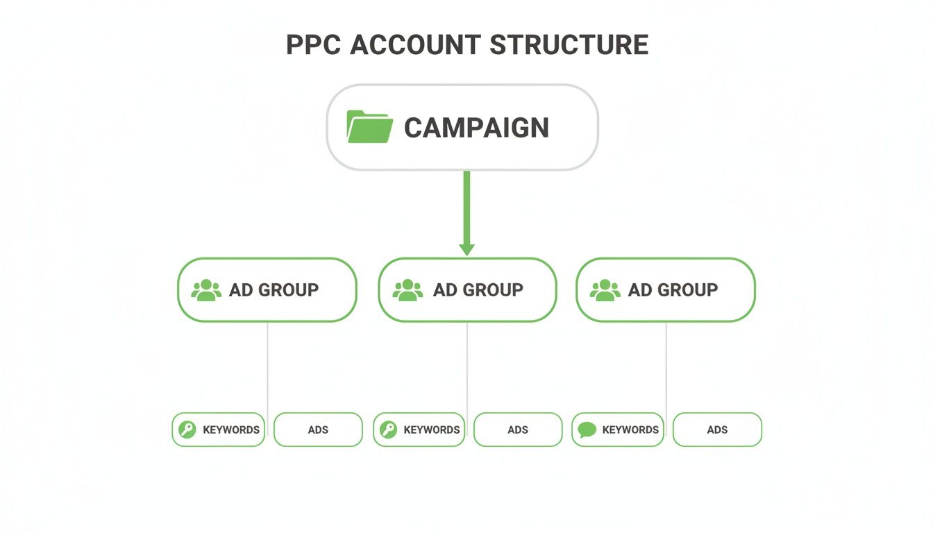 Schéma illustrant la structure hiérarchique du compte PPC avec une campaign en haut, menant à plusieurs ad groups, mots clés et annonces.