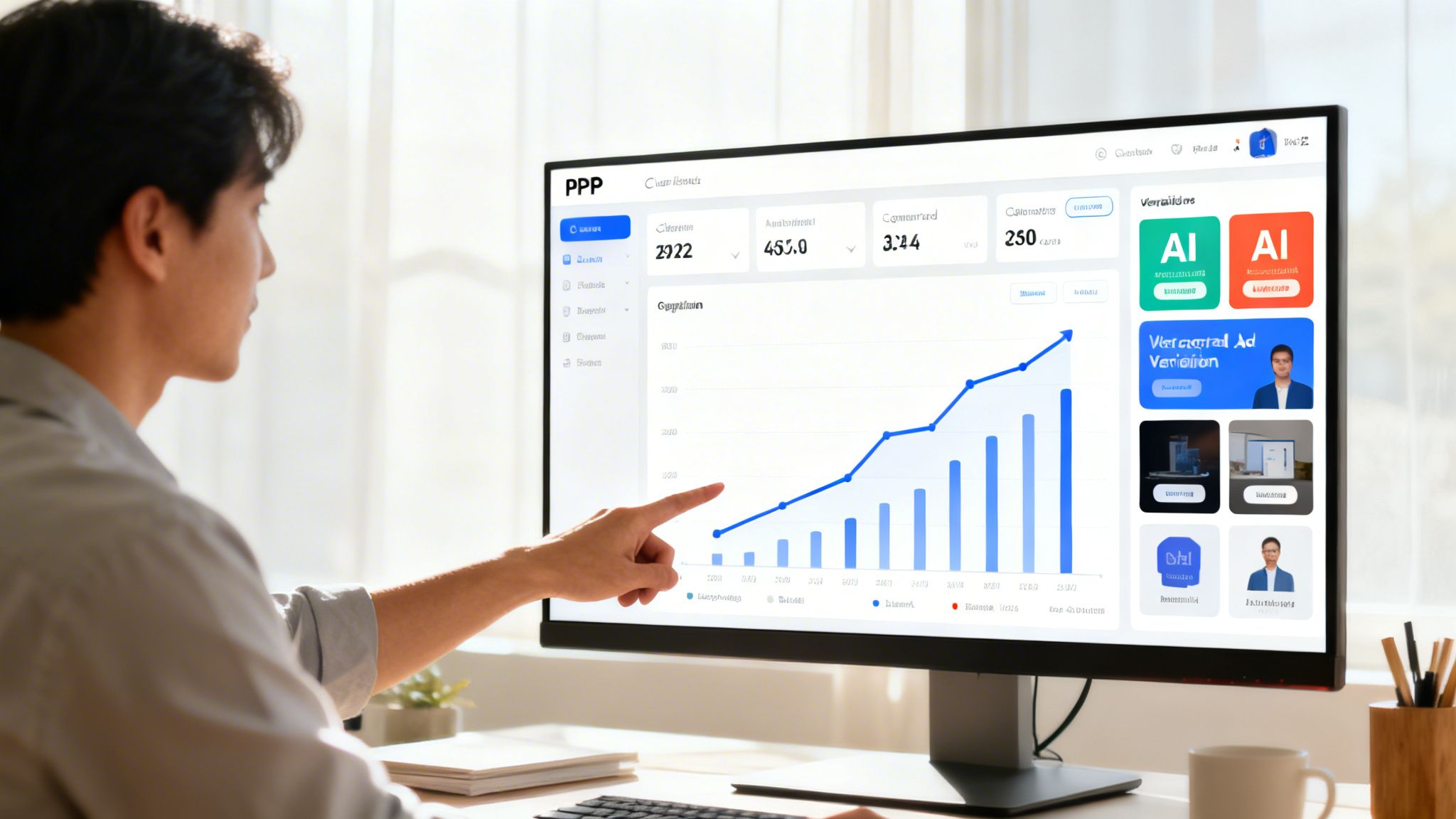 Un homme pointe vers un écran d’ordinateur affichant un tableau de bord d’analytics d’entreprise avec des graphiques.