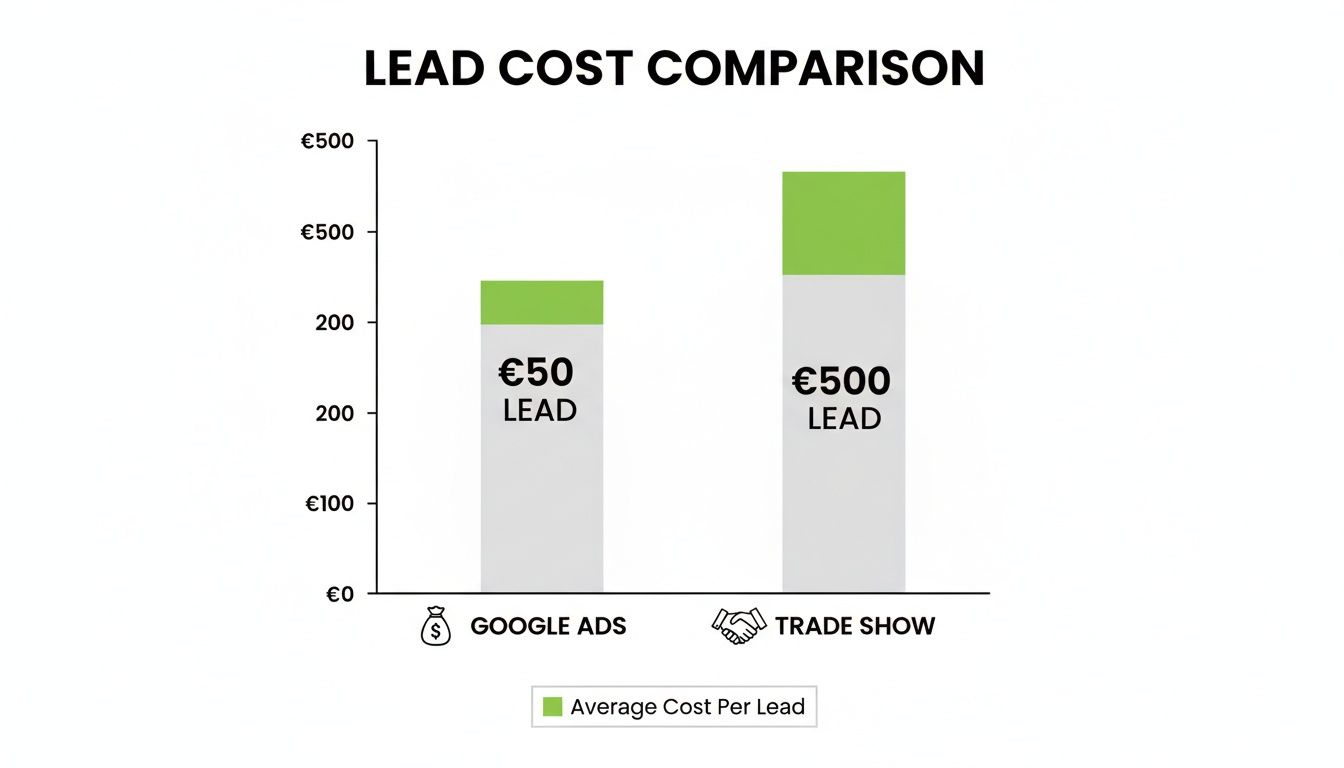 Gráfico de barras que compara costes de leads: Google Ads a 50 € por lead frente a Feria a 500 € por lead.