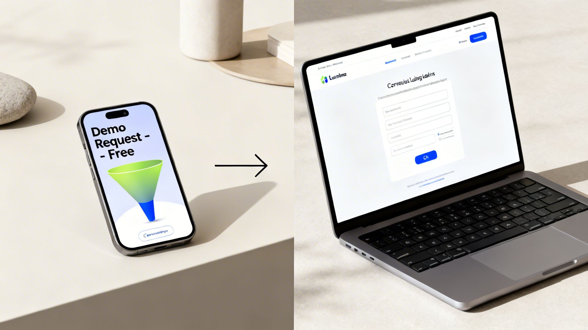 Un smartphone muestra un formulario de solicitud de demo conectado a un portátil con una solicitud de préstamo comercial.