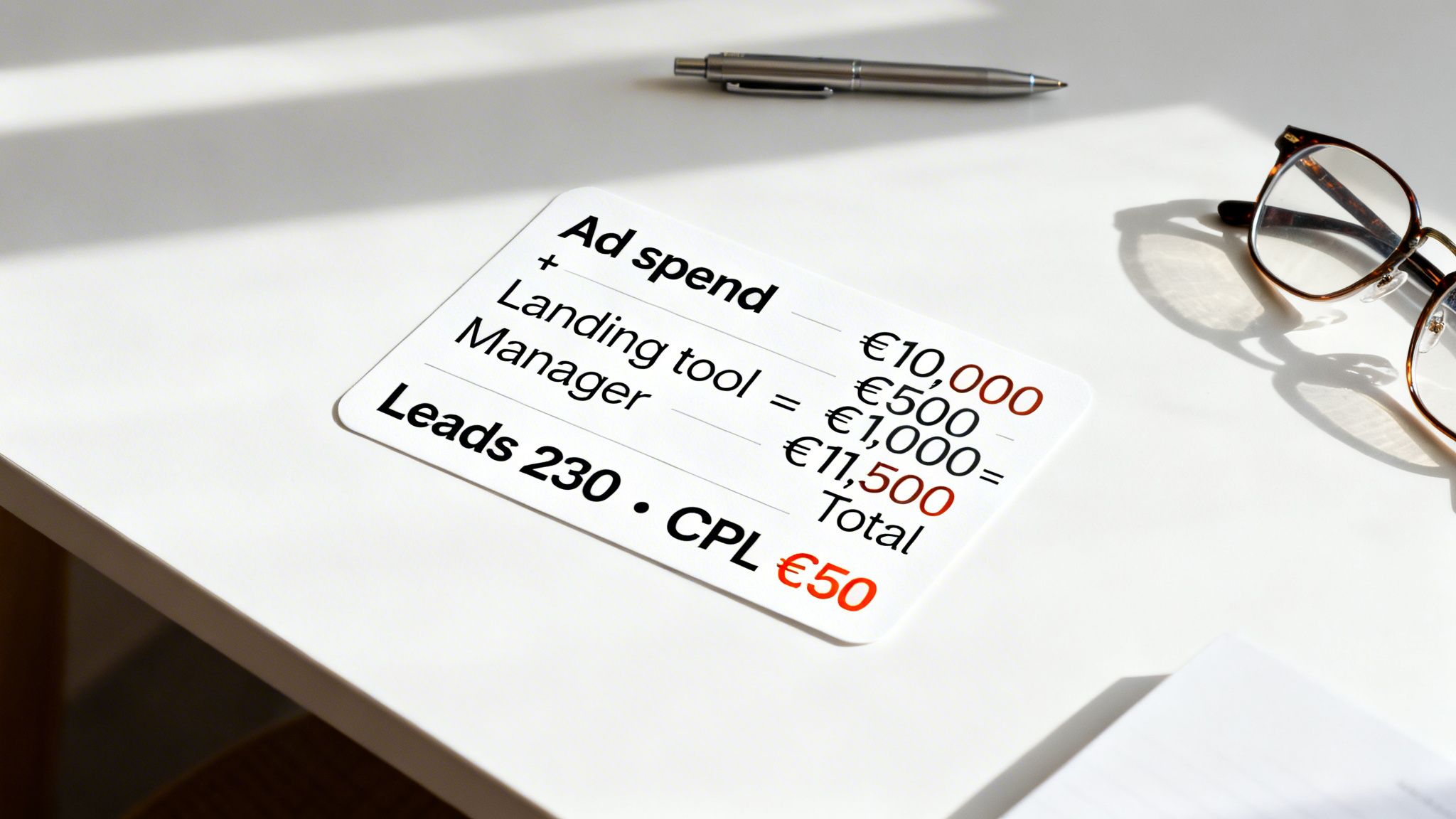 Una tarjeta blanca muestra el gasto en anuncios de marketing, herramienta de Landing Page, costes del gestor y el total con leads y CPL.