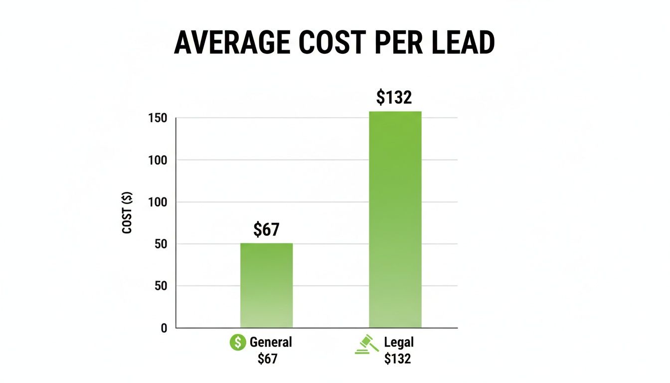 Balkendiagramm mit den durchschnittlichen Kosten pro Lead: General bei $67 und Legal bei $132.